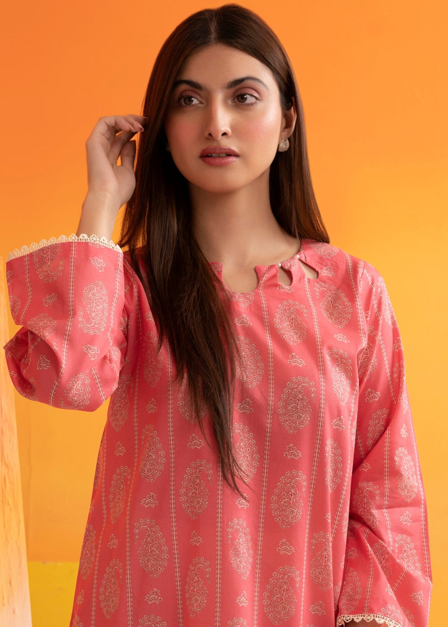 lawn Kurti in Salmon