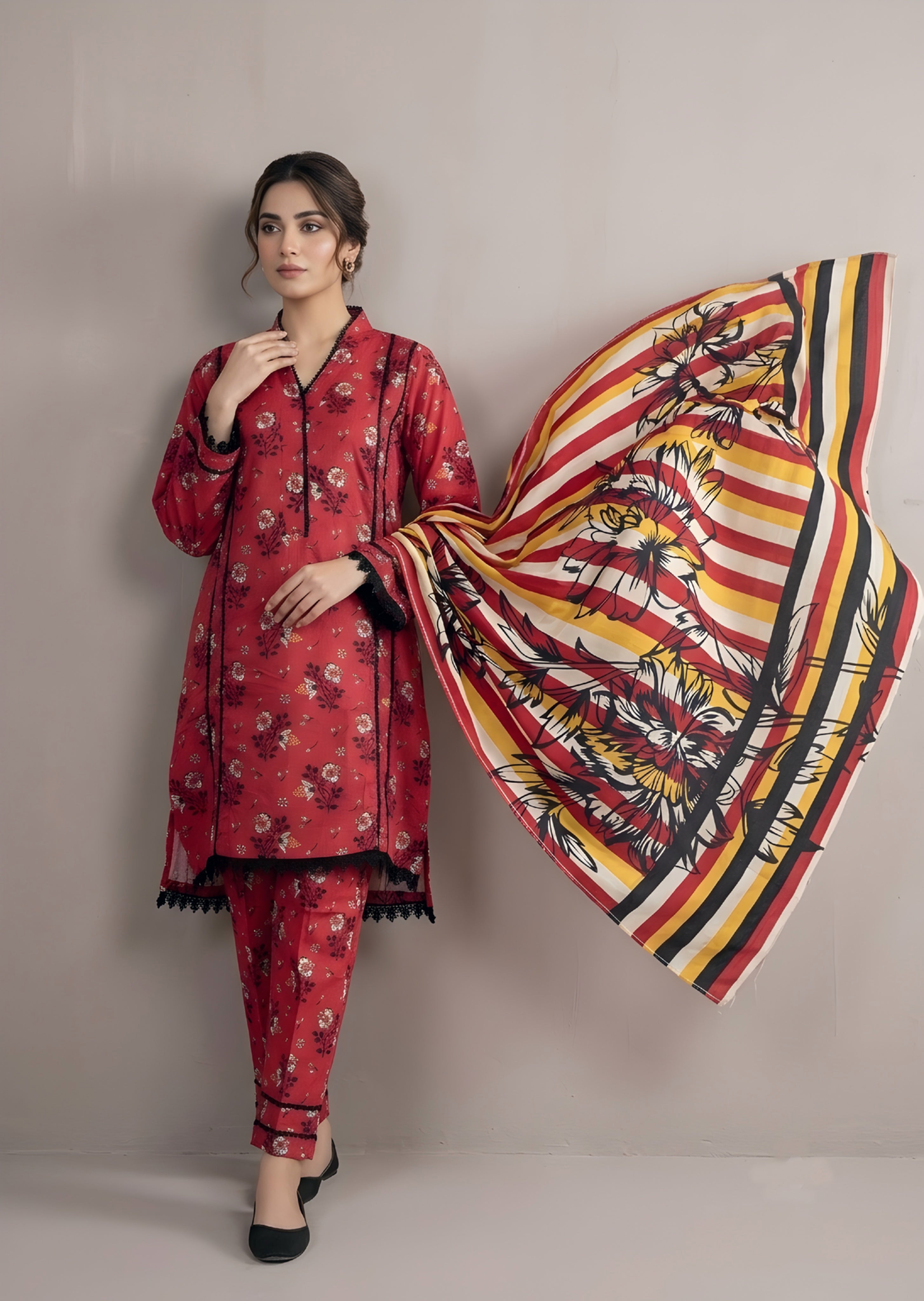 khaddar Kurta Set in Persian red
