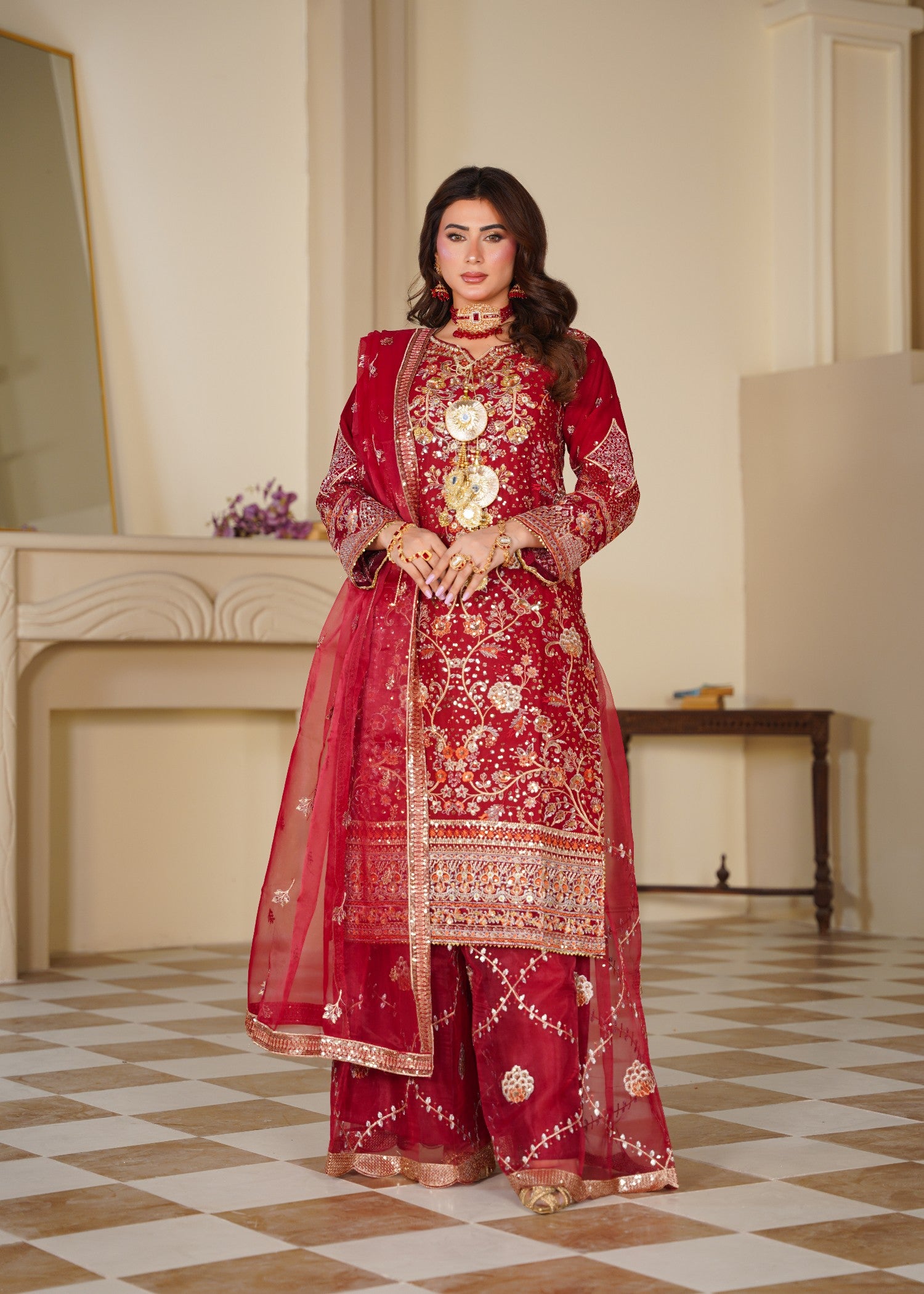 chiffon Sharara in Gold, rose red