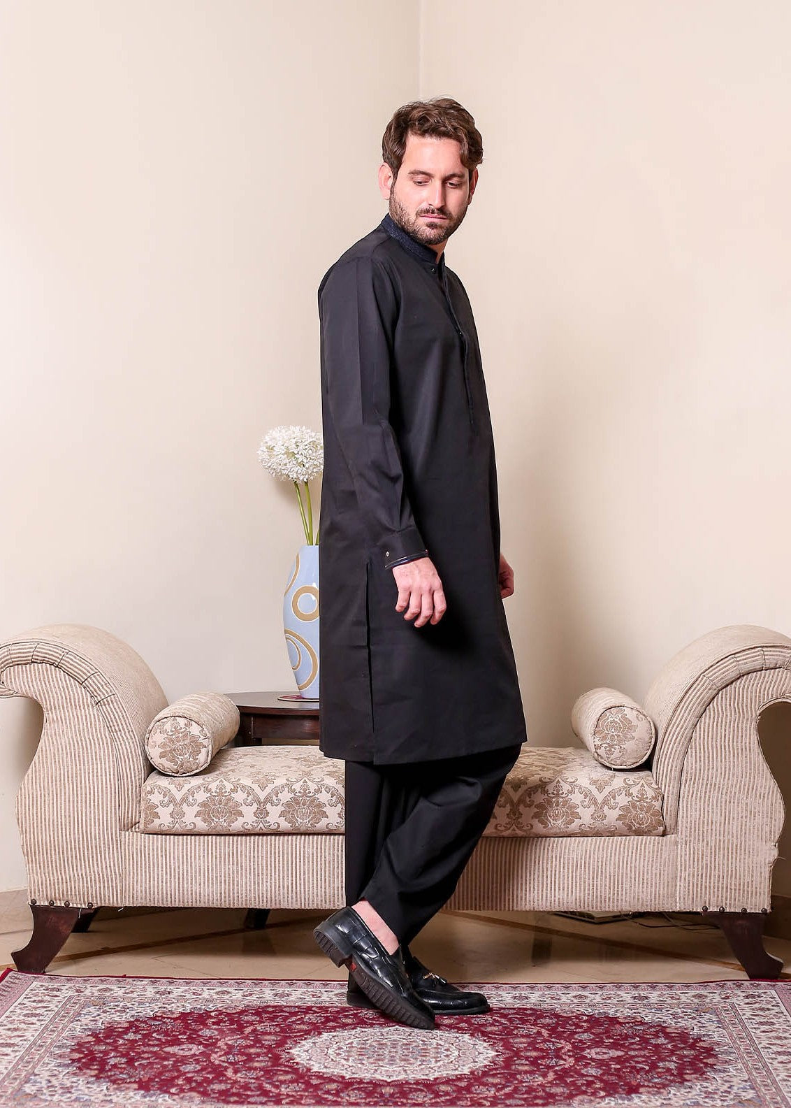 cotton satin Shalwar Kameez in Black