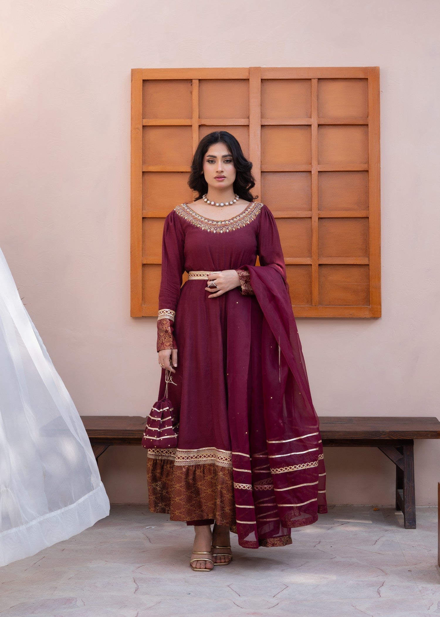 raw silk Maxi in Maroon