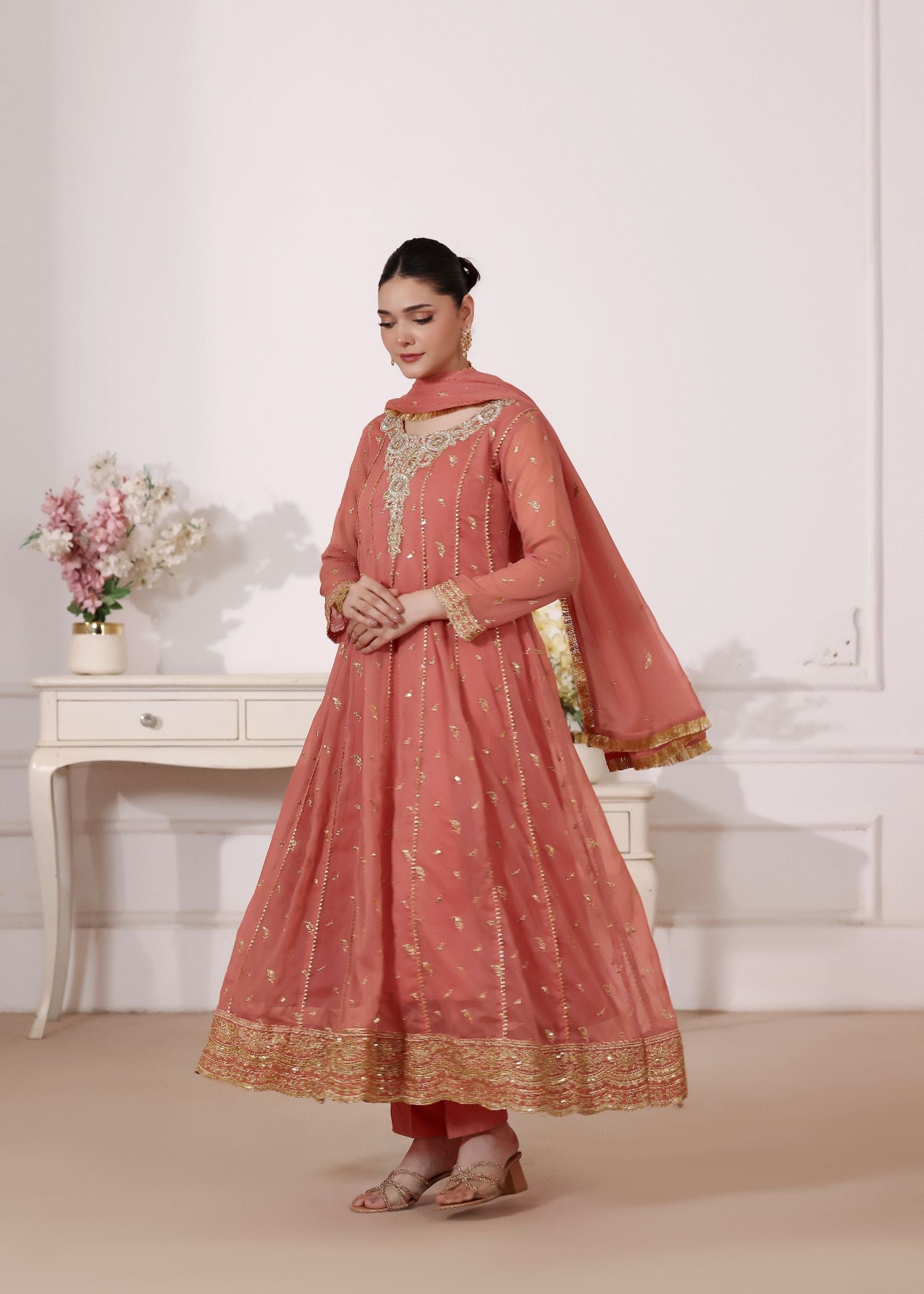 chiffon Pishwas in Peach orange
