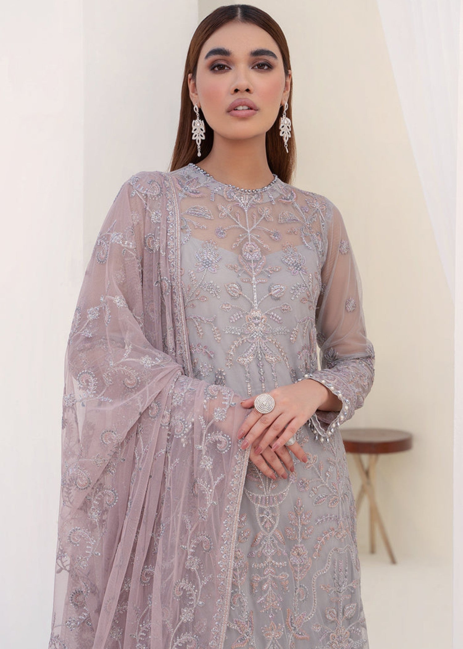 net Kurta Set in Grey