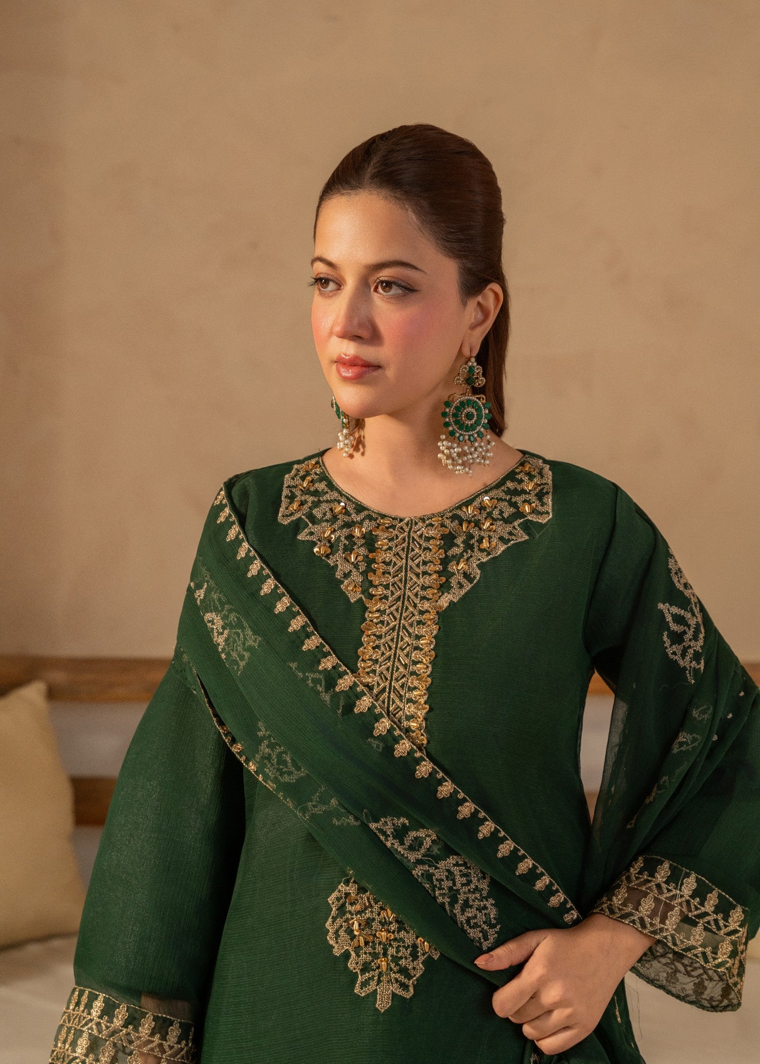 chiffon Kurta Set in Dark green