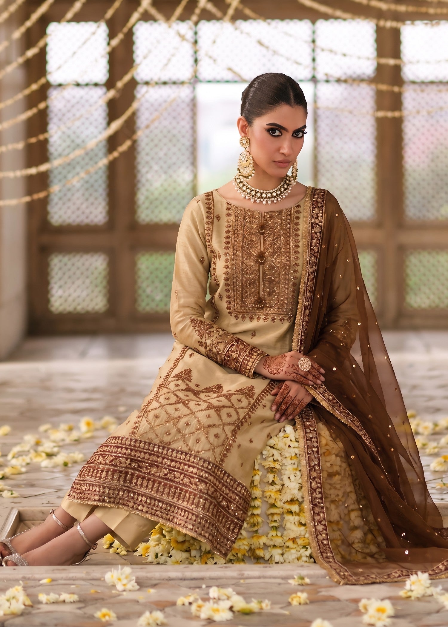 bemberg tissue Kurta Set in Gold