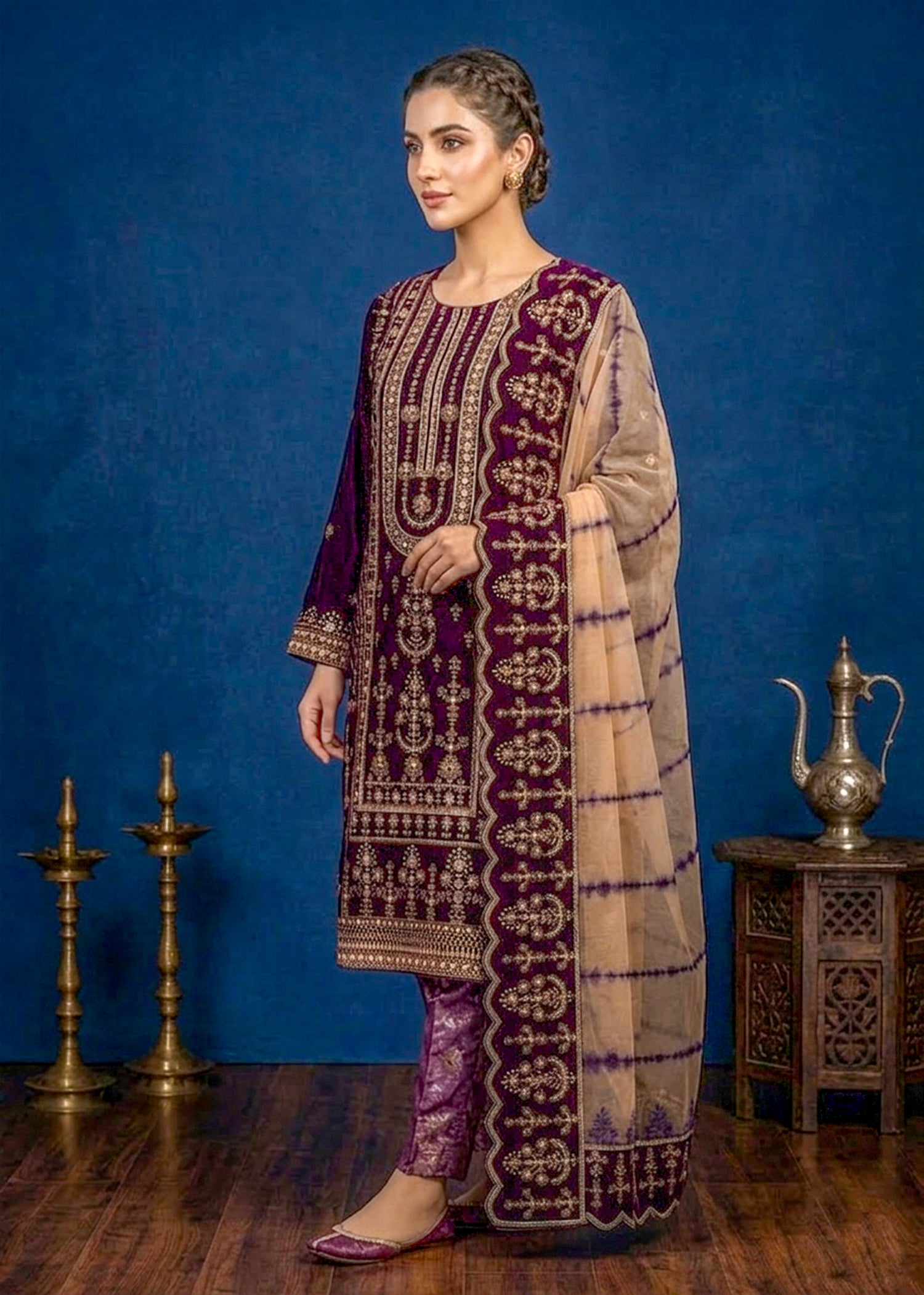 chinese micro velvet 9000 Kurta Set in Purple heart