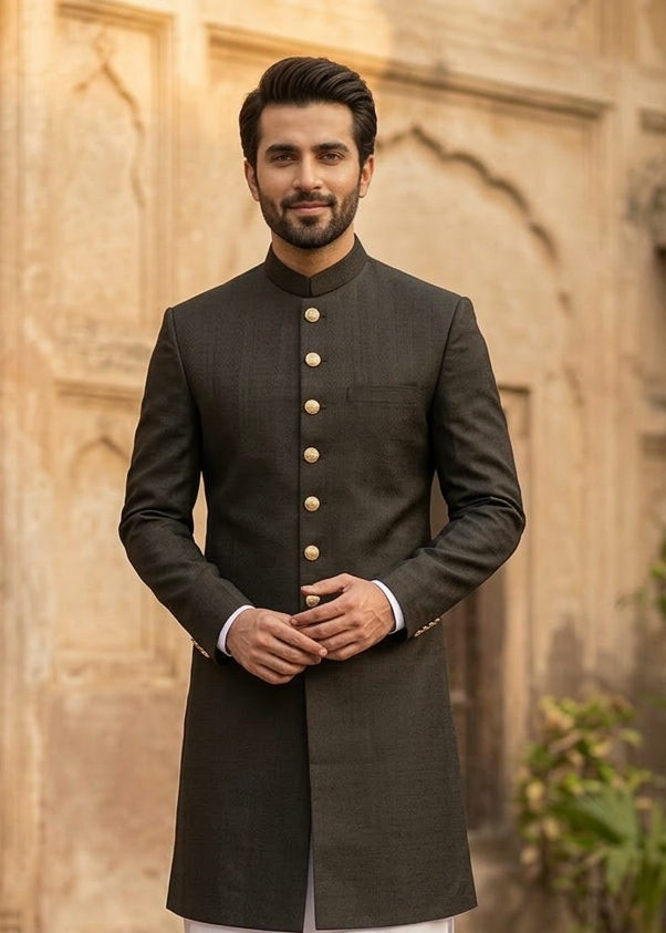 jamawar jacquard Sherwani in Army green