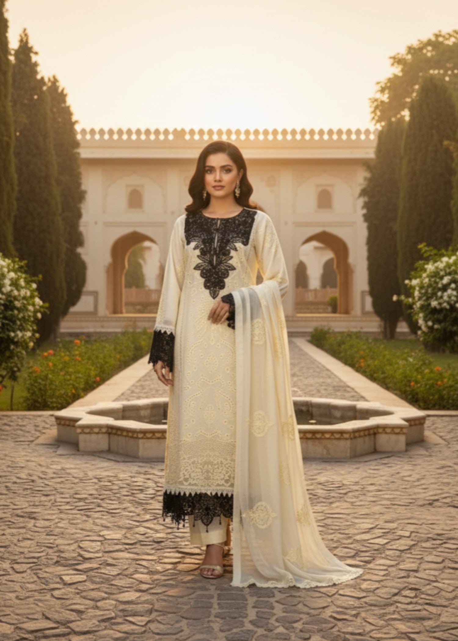 chiffon Kurta Set in Black, off-white