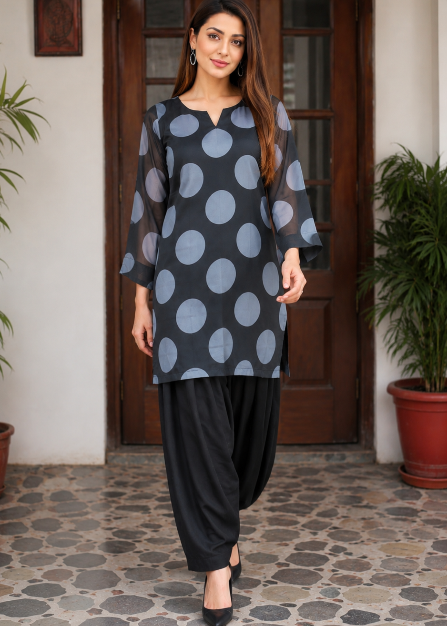 chiffon Kurta Set in Black, slate black