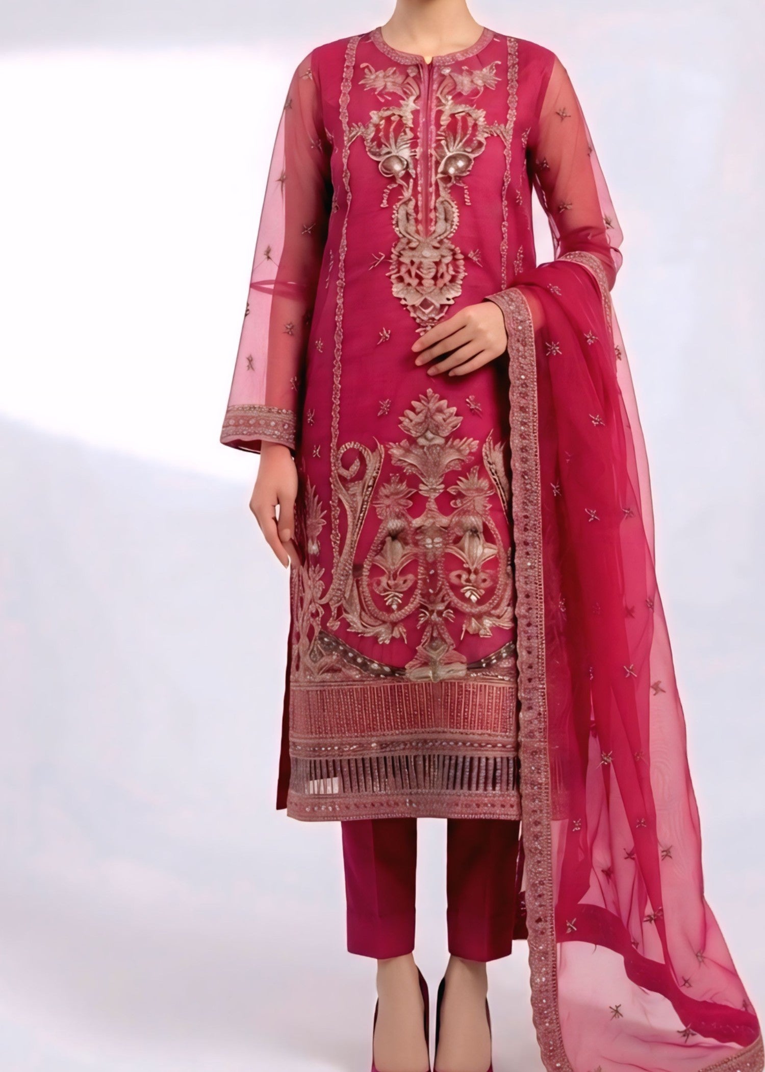 organza Kurta Set in Hot pink