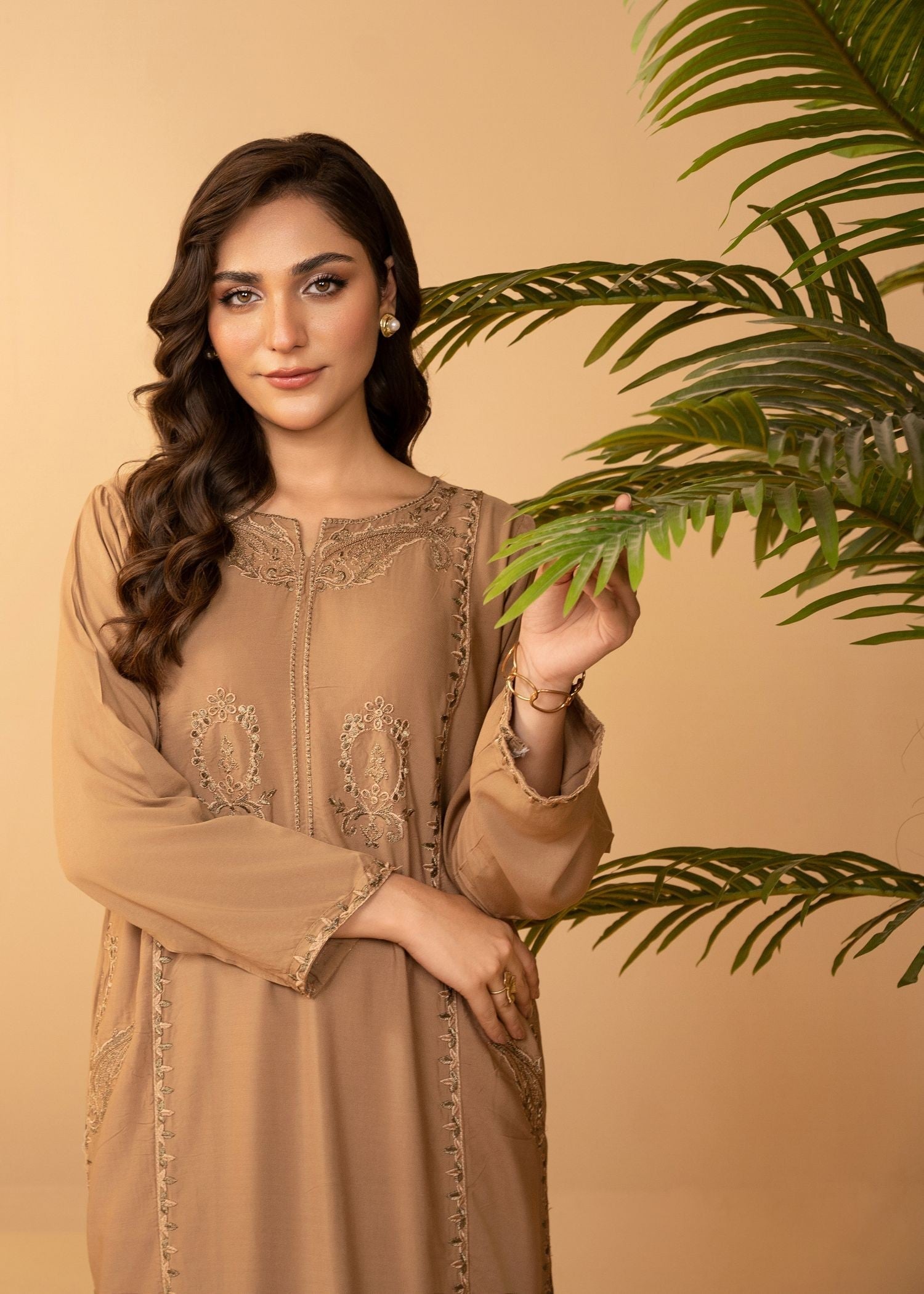 linen Kurta Set in Tan brown