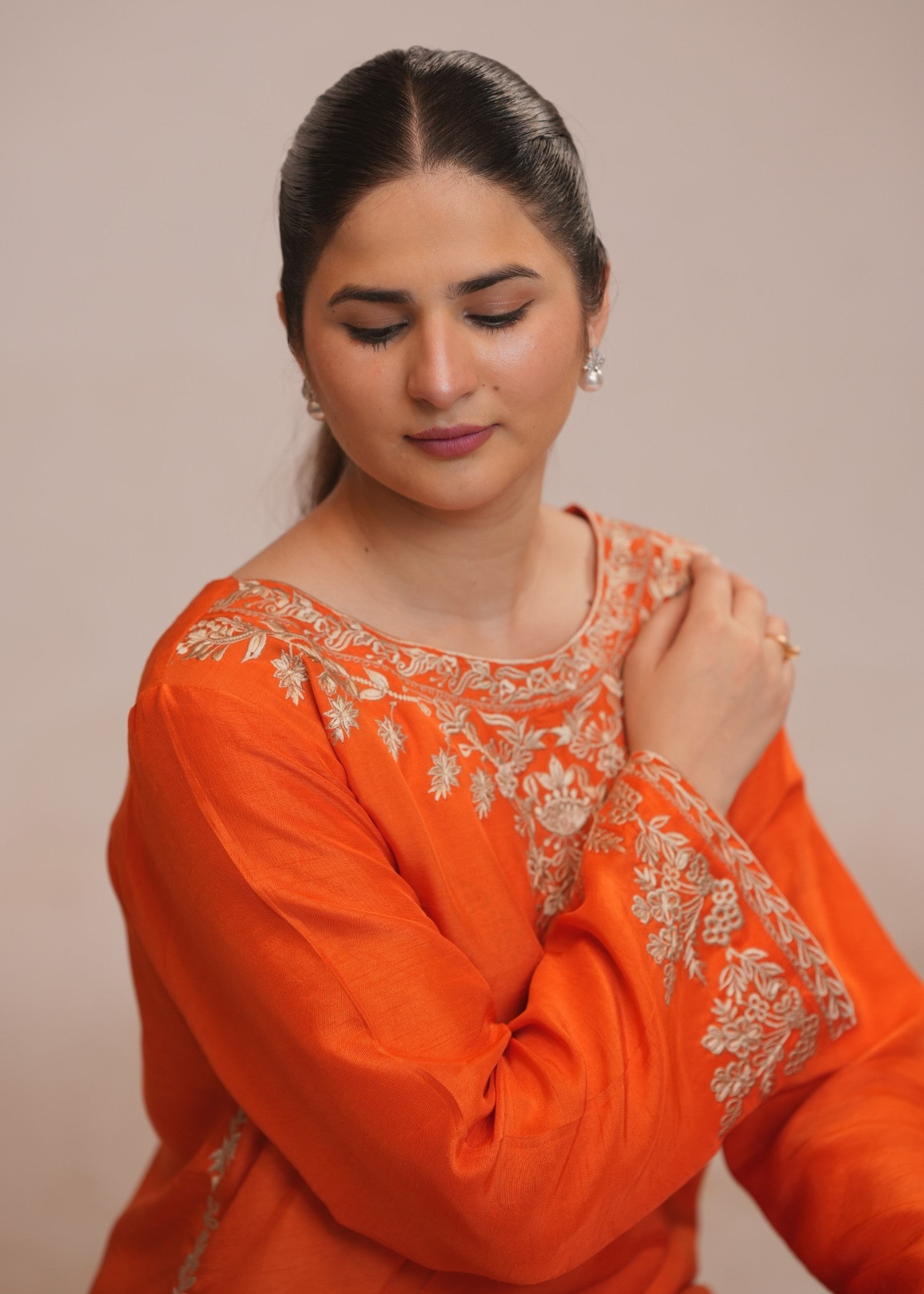 raw silk Kurta Set in Sunset orange
