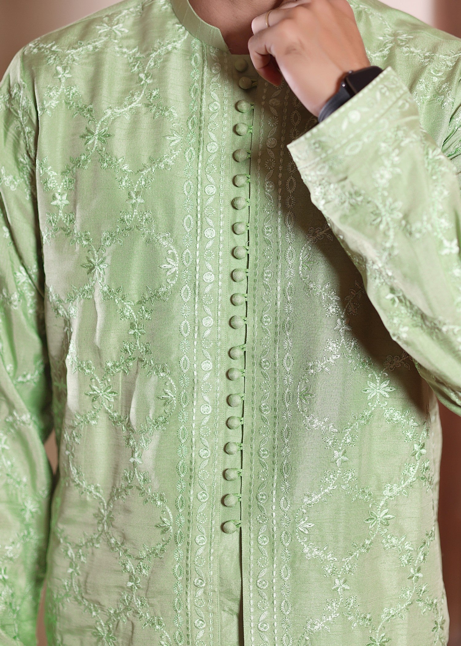 raw silk Kurta Set in Pistachio green