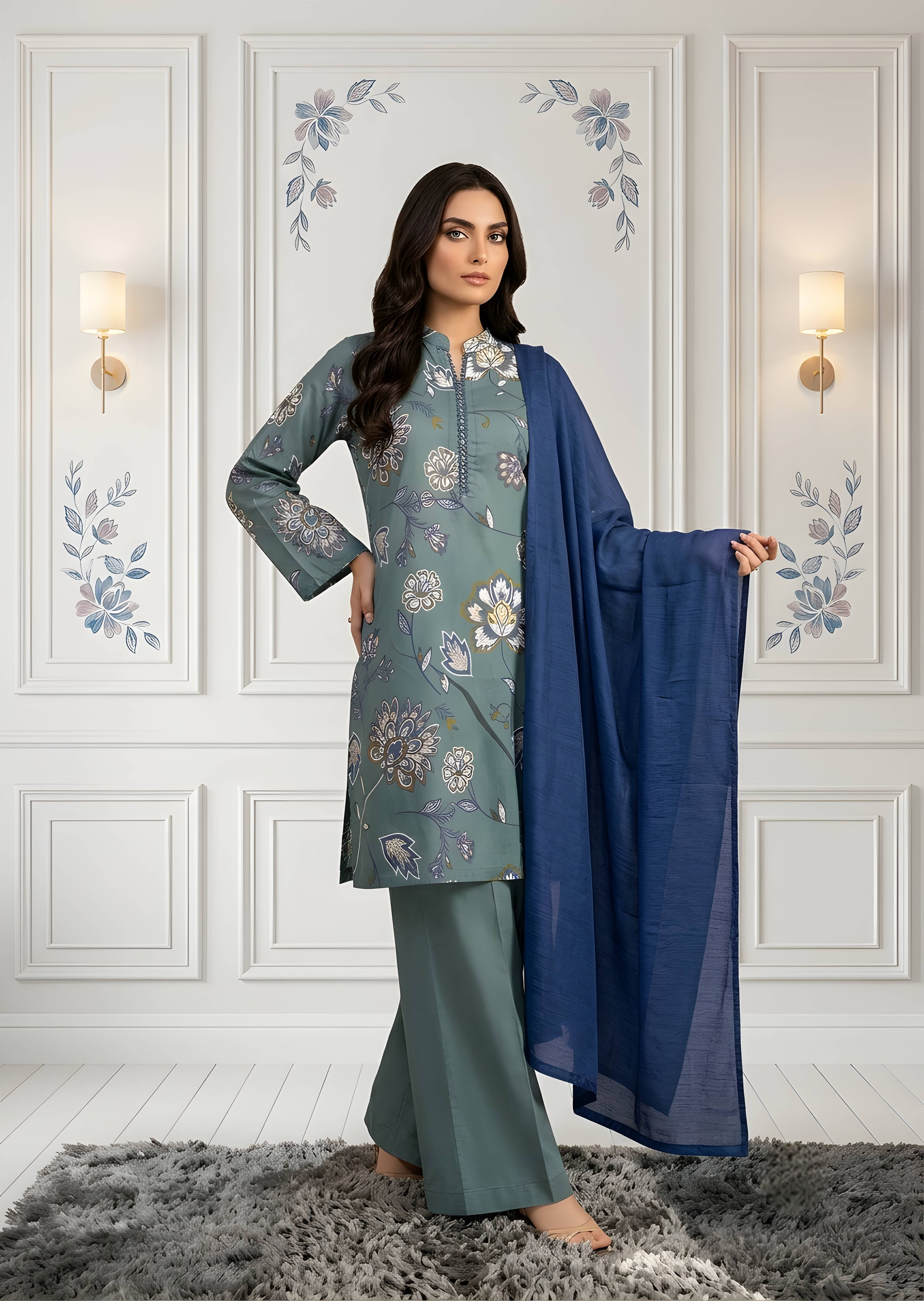 lawn Kurta Set in Slate grey, cobalt blue