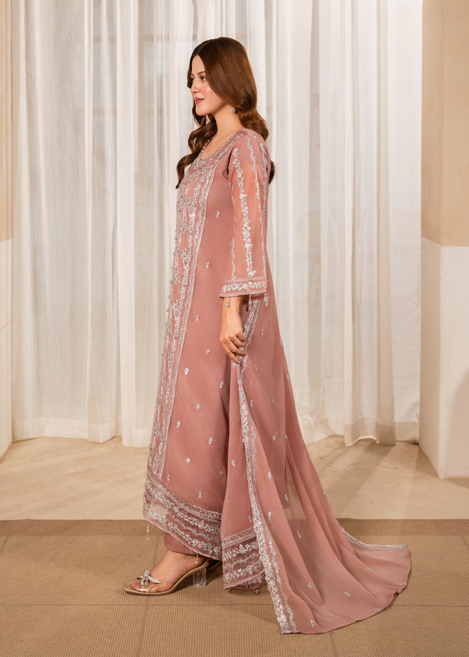 chiffon Pishwas in Mauve pink
