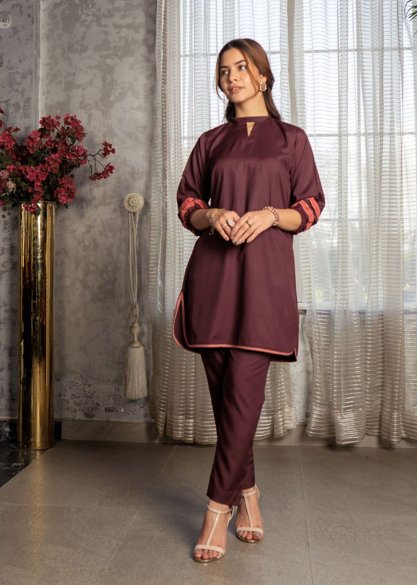 blended satin Co Ord Sets in Burgundy