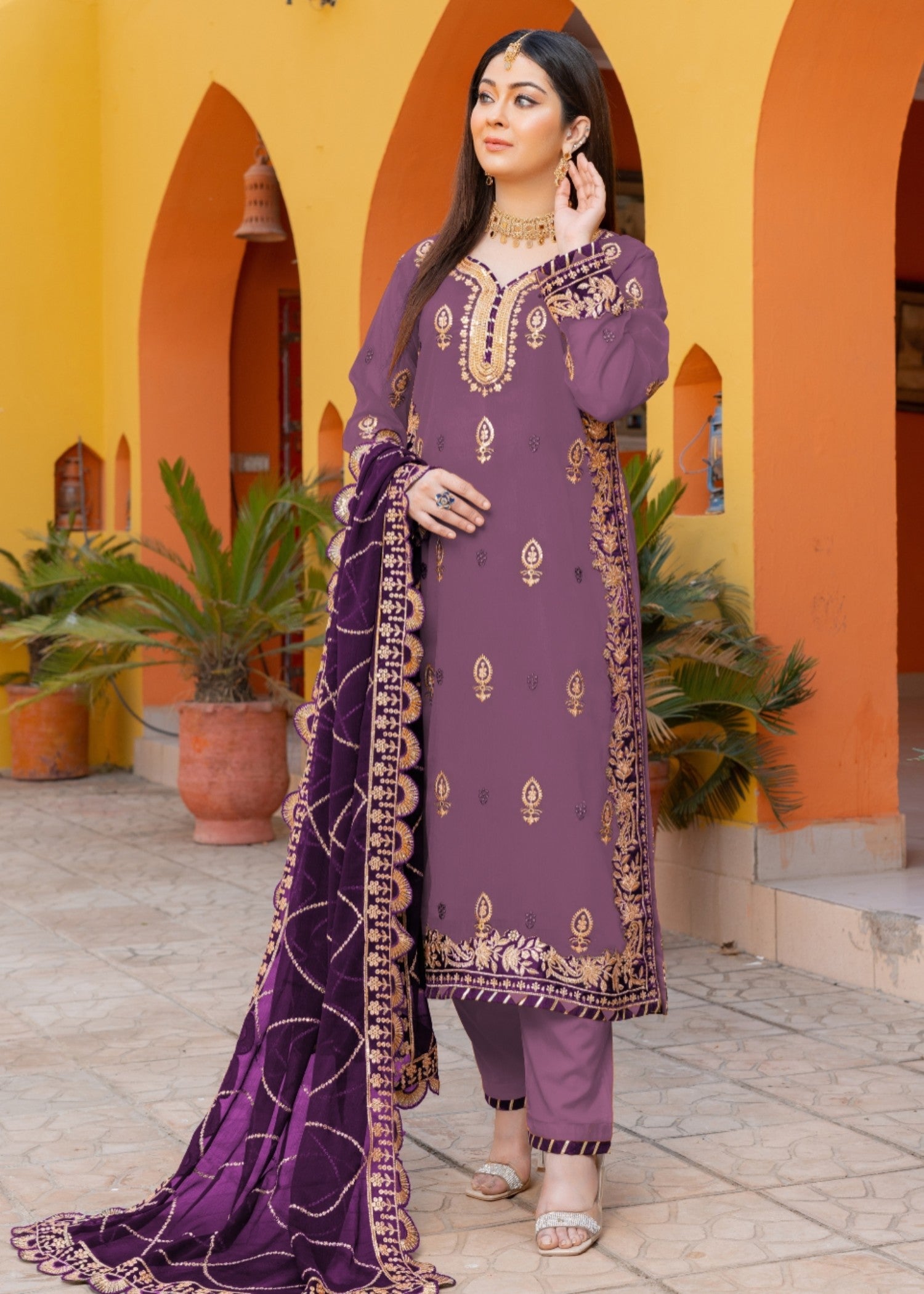chiffon Kurta Set in Purple, lilac