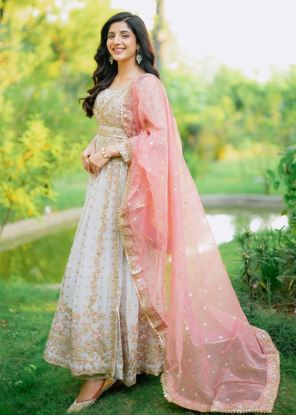 chiffon Angrakha in Ivory