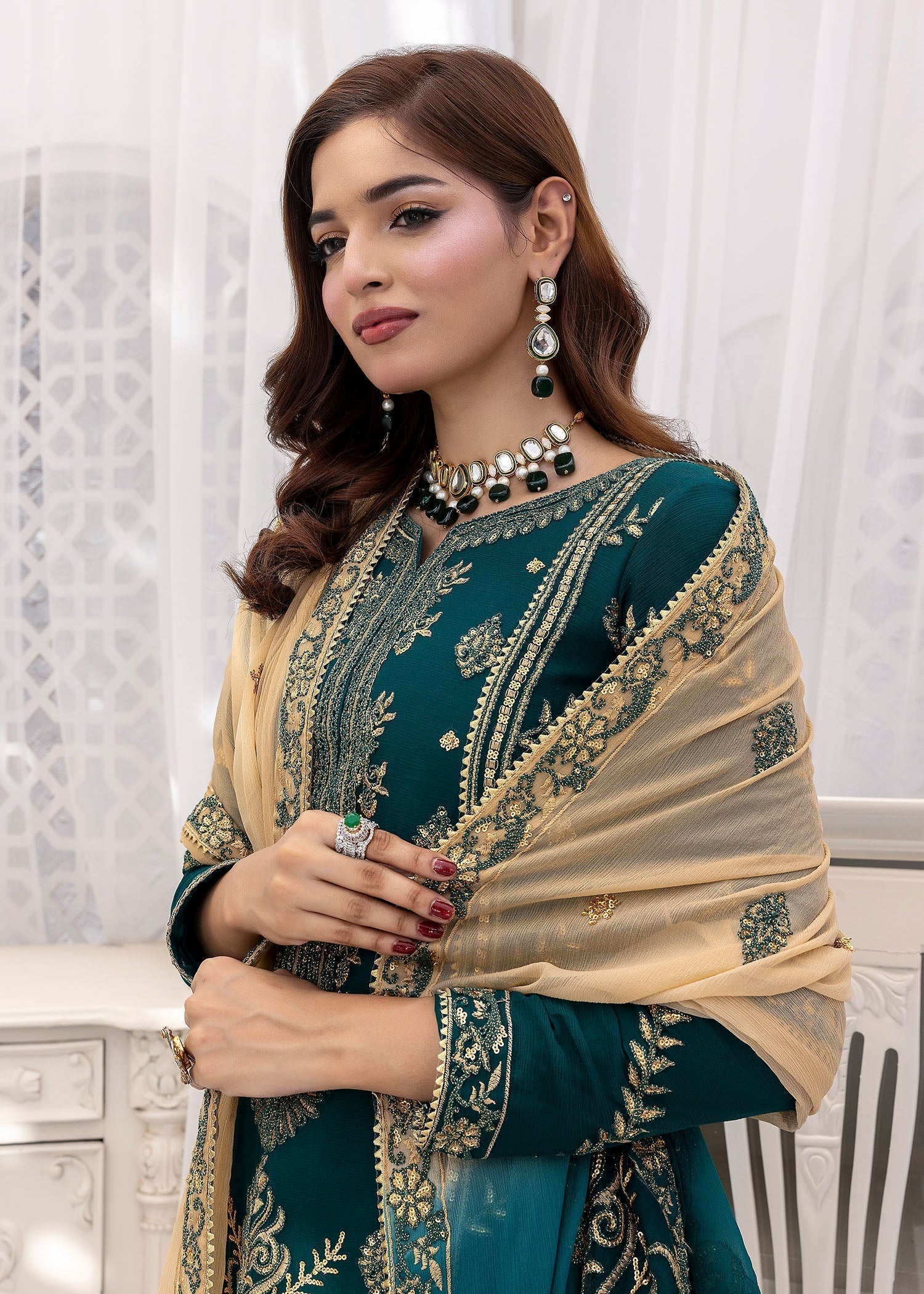 chiffon Kurta Set in Emerald green