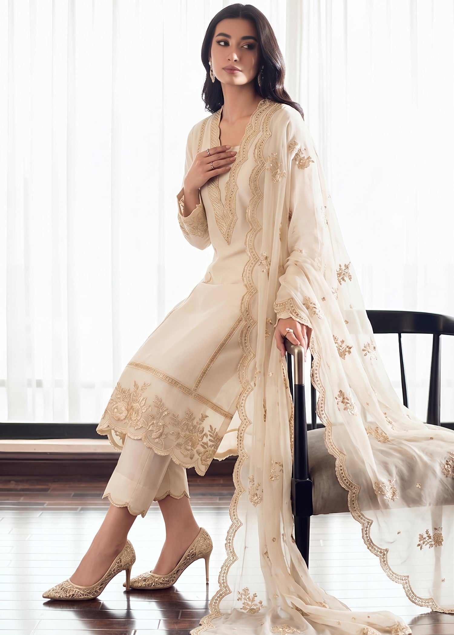 bemberg crinkle chiffon Kurta Set in Cream