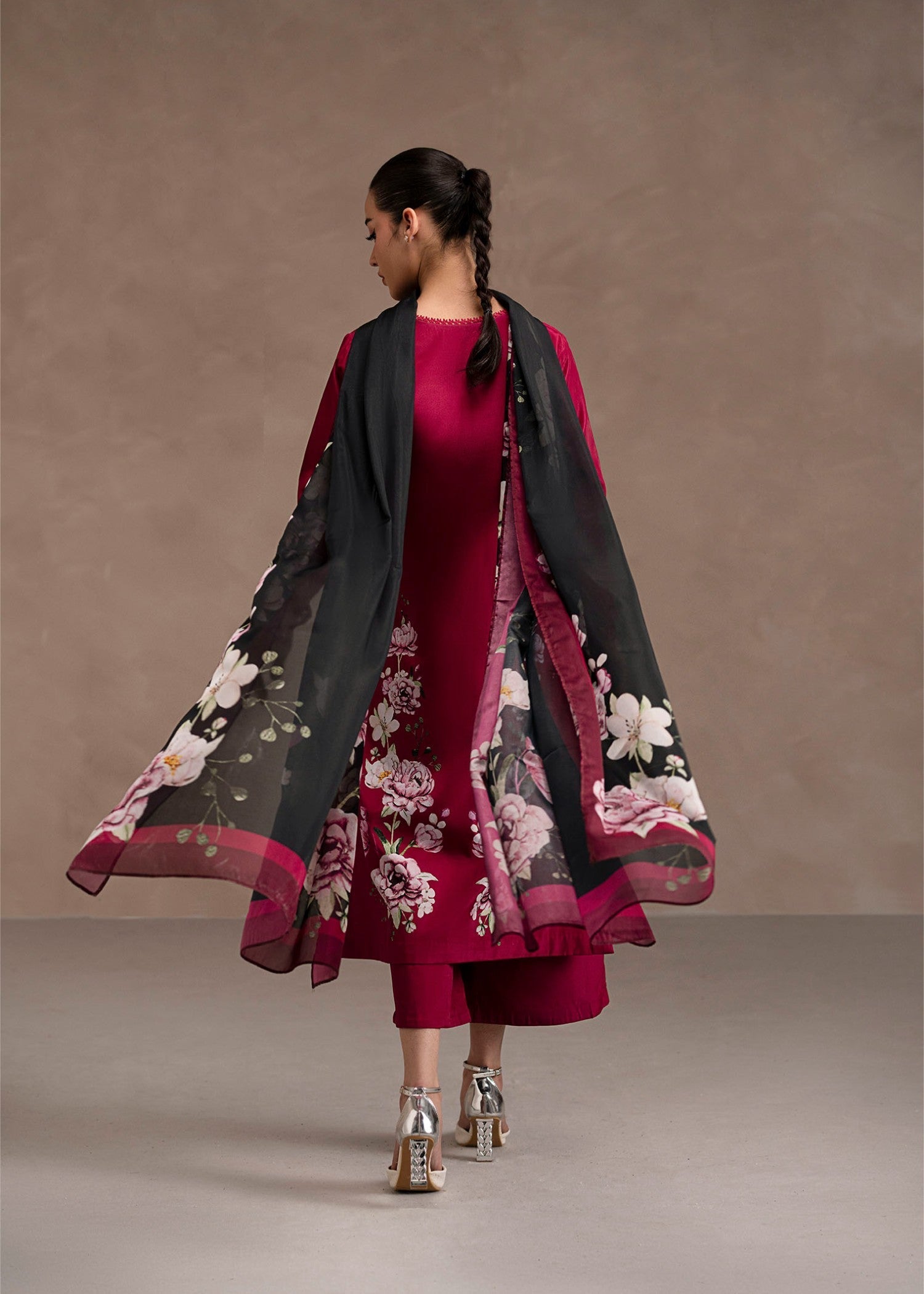 poly lawn Kurta Set in Hot pink