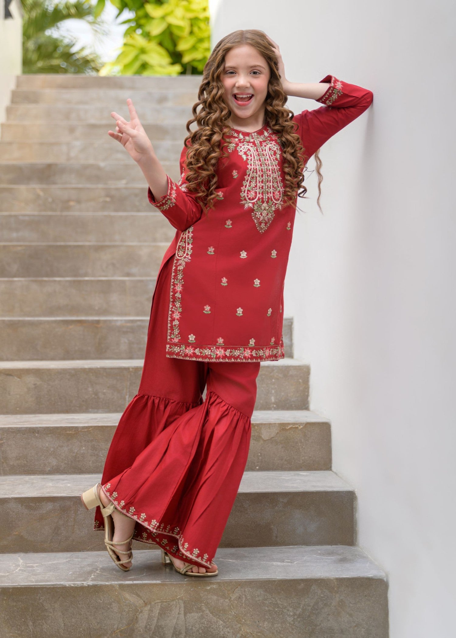 lawn Gharara in Red