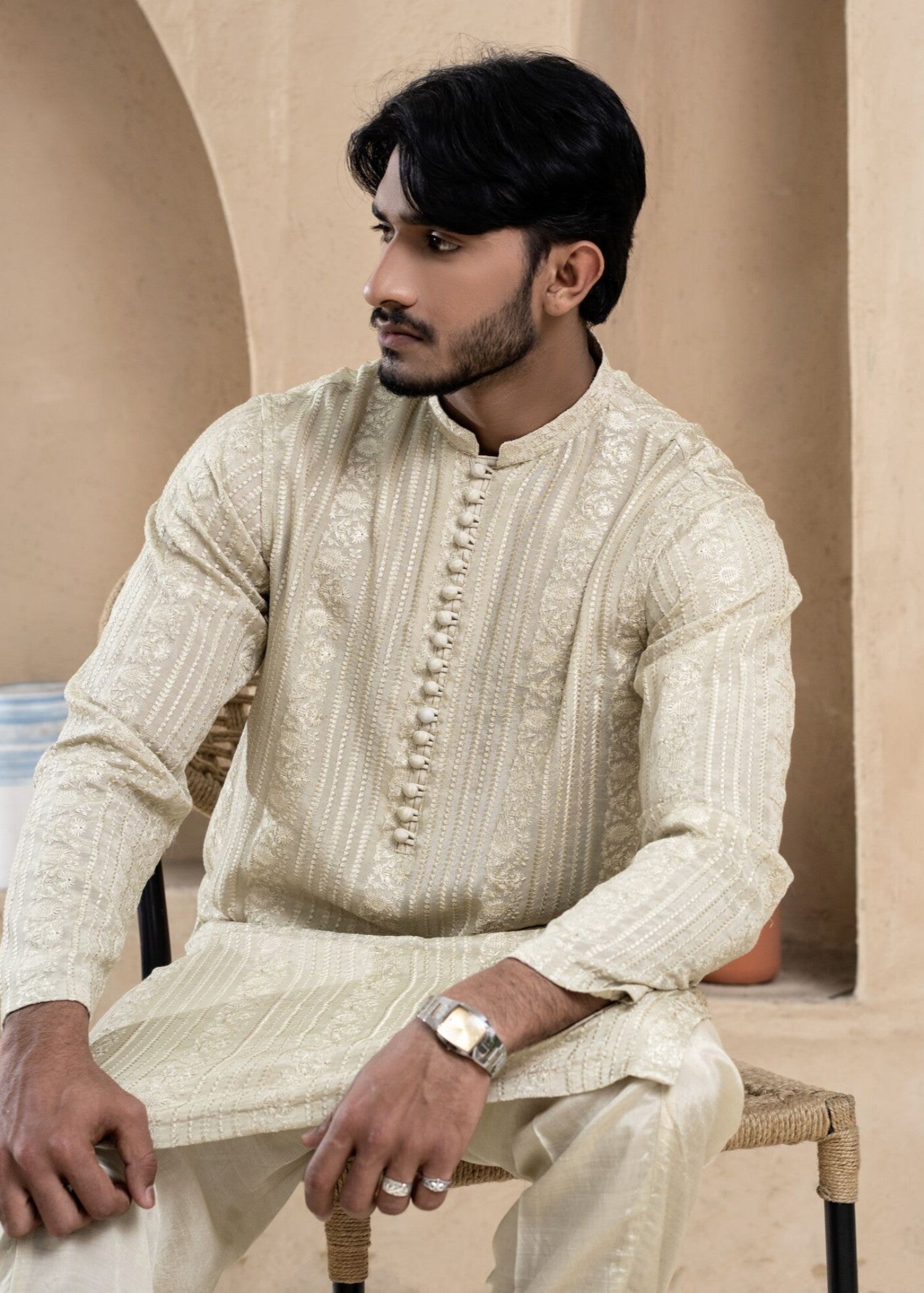 viscose raw silk Kurta Set in Ivory by Handr By Raza