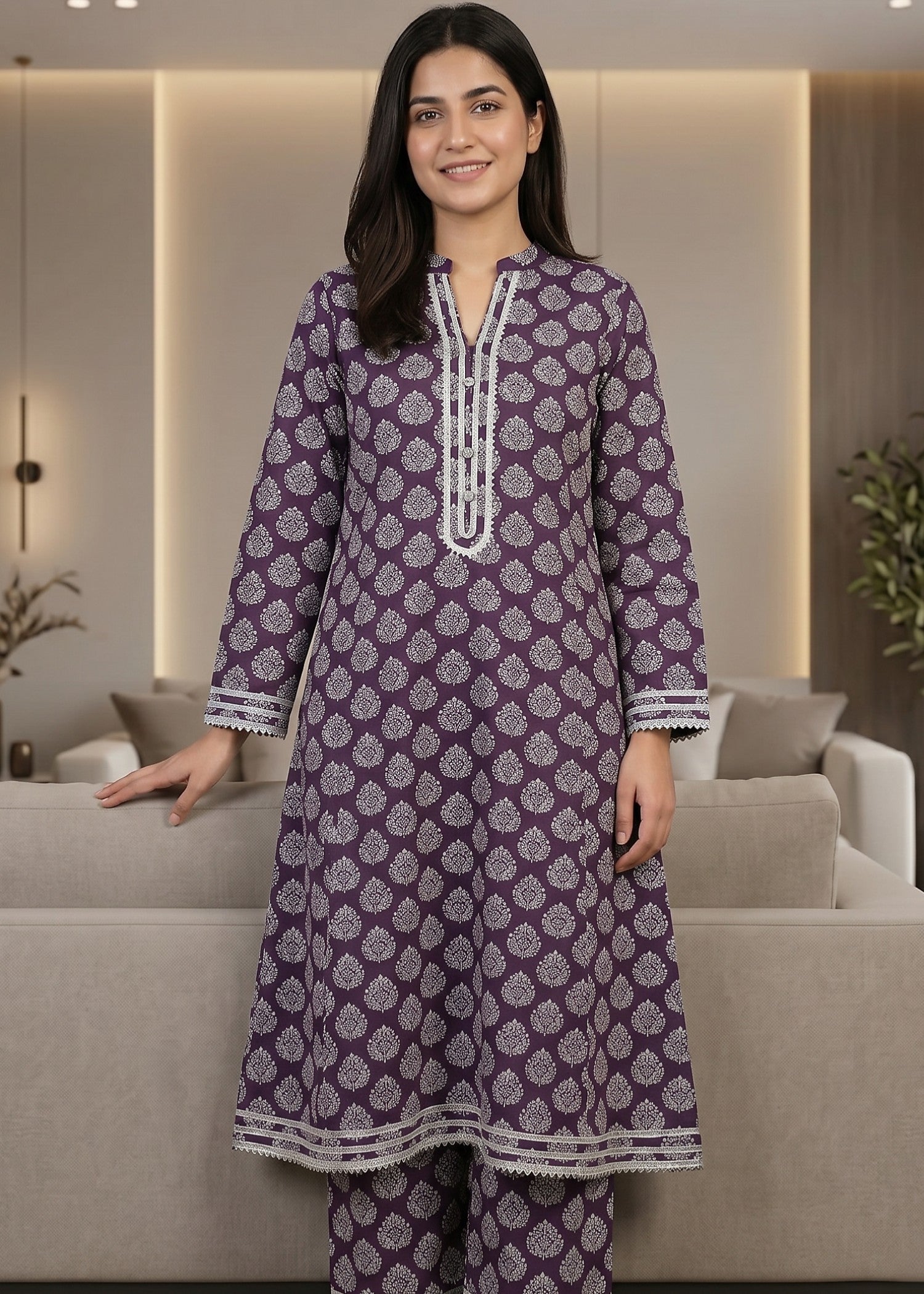 lawn Pishwas in Purple