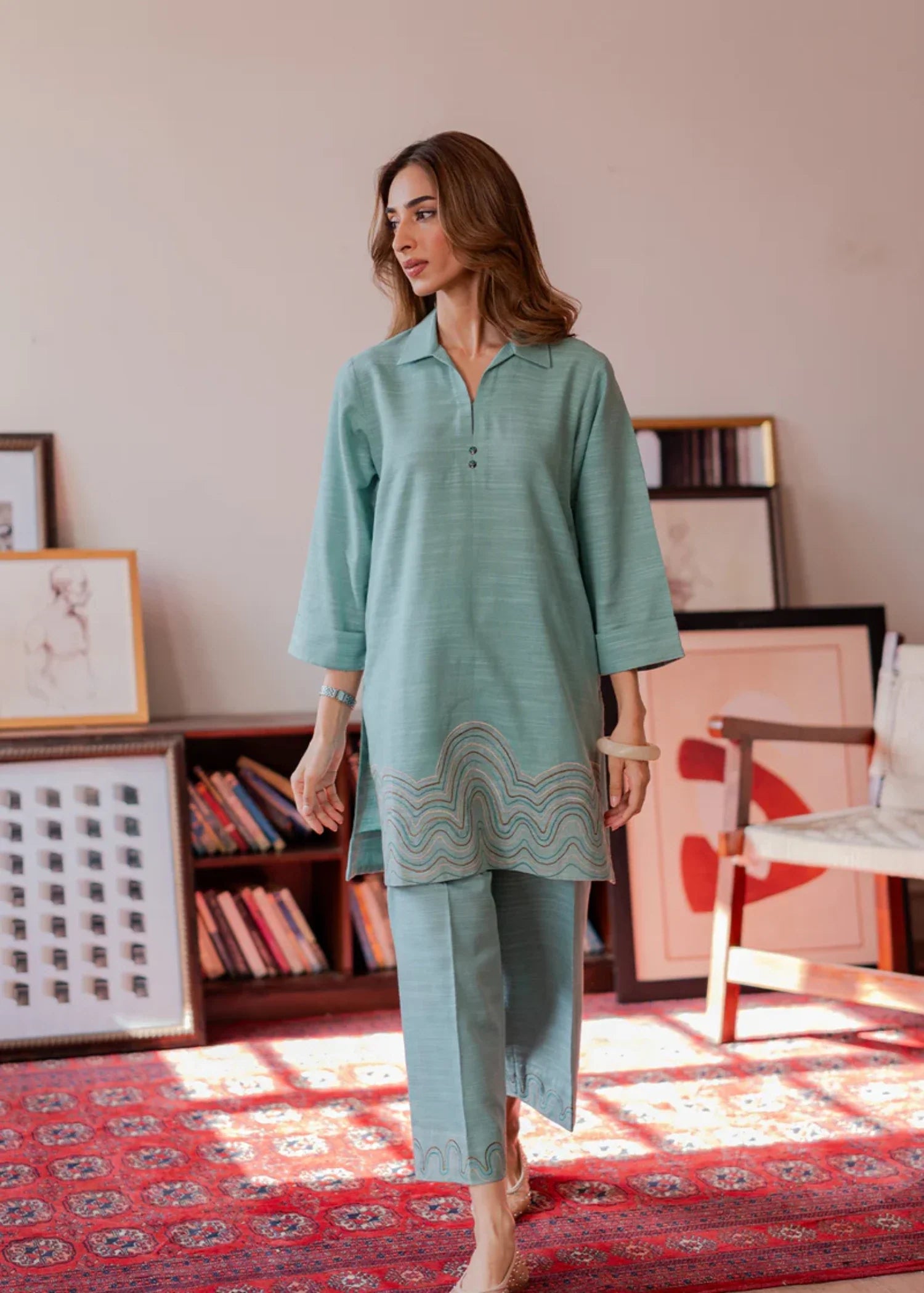 khaddar Co ord Sets in Aquamarine