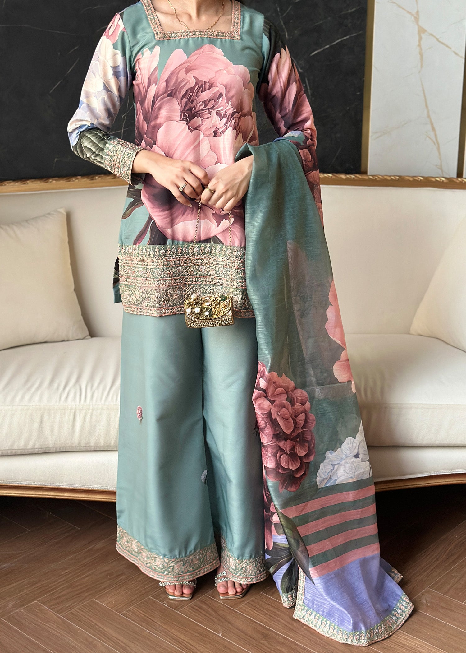 raw silk Kurta Set in Sage green