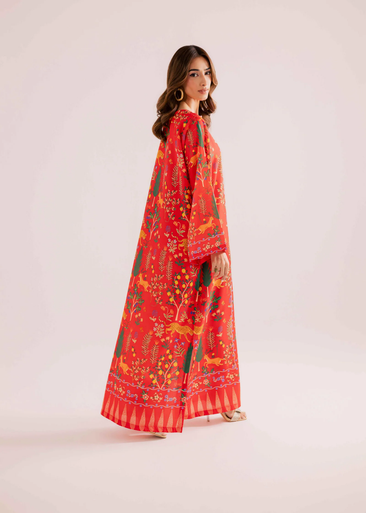 raw silk Kaftan in Fire red