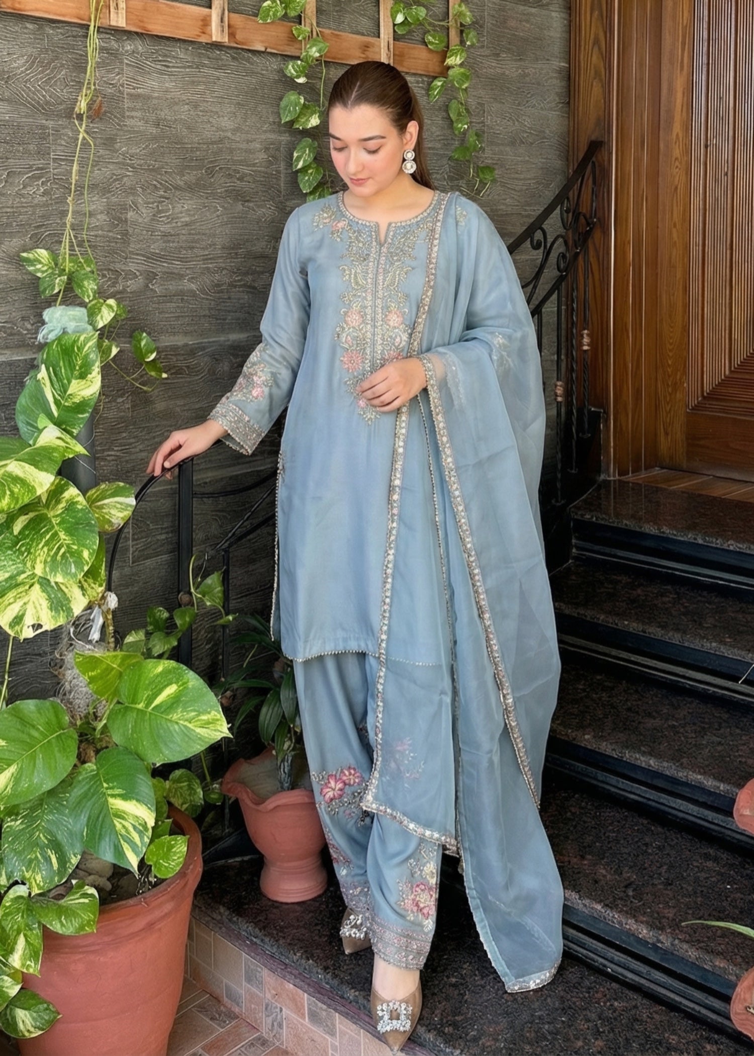 silk Kurta Set in Light blue