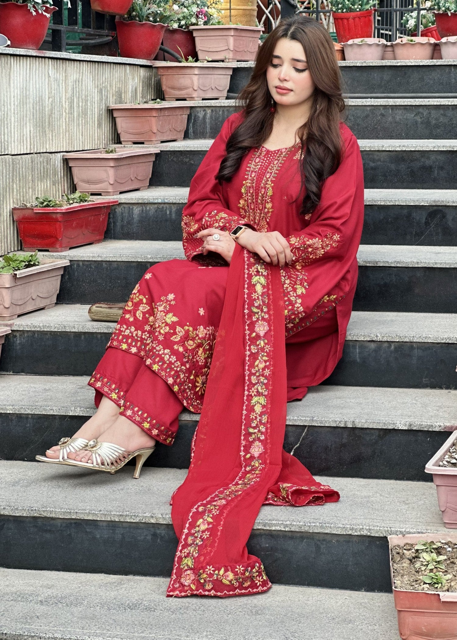 lawn cotton Kurta Set in Amaranth