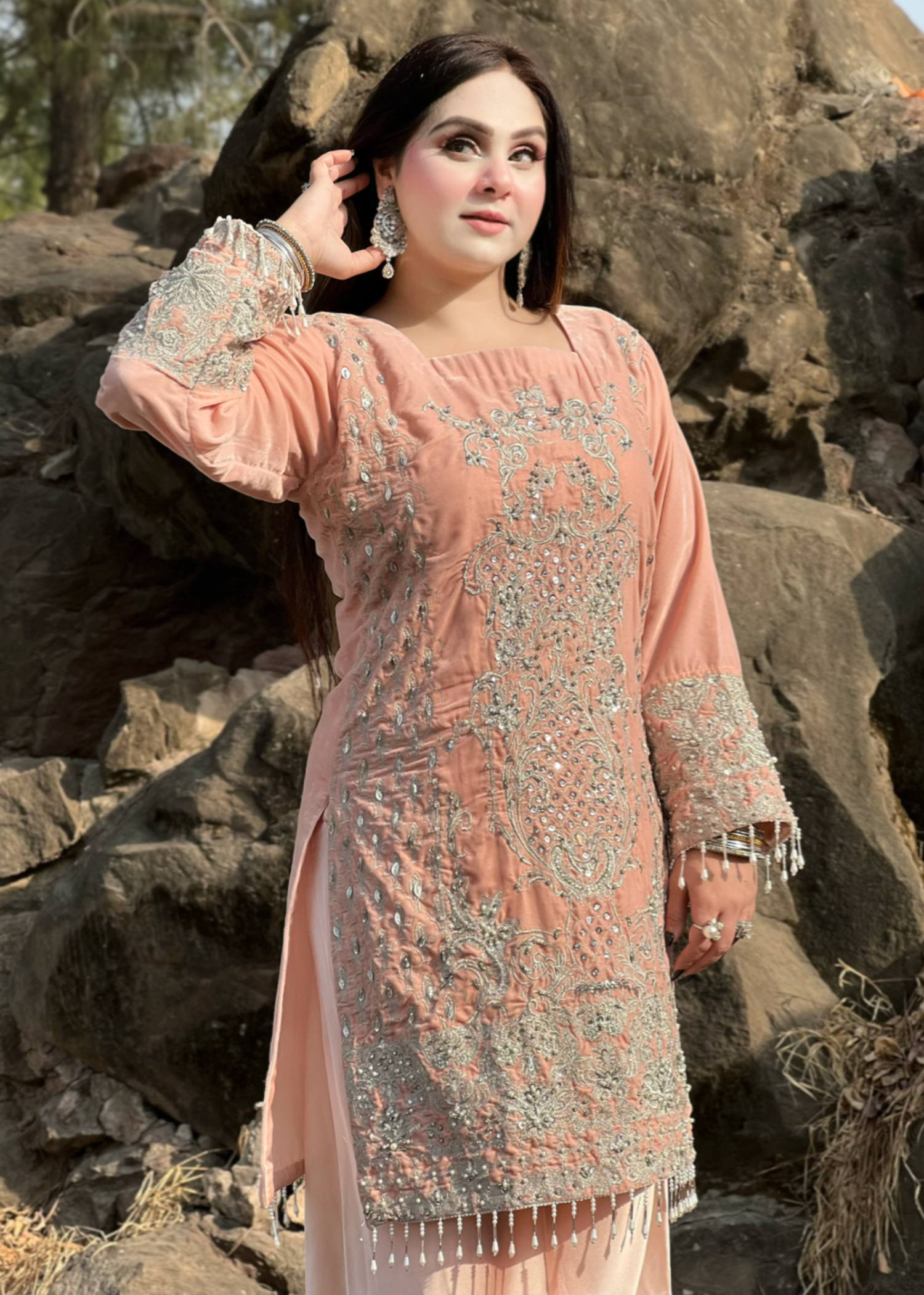 velvet Kurta Set in Light pink