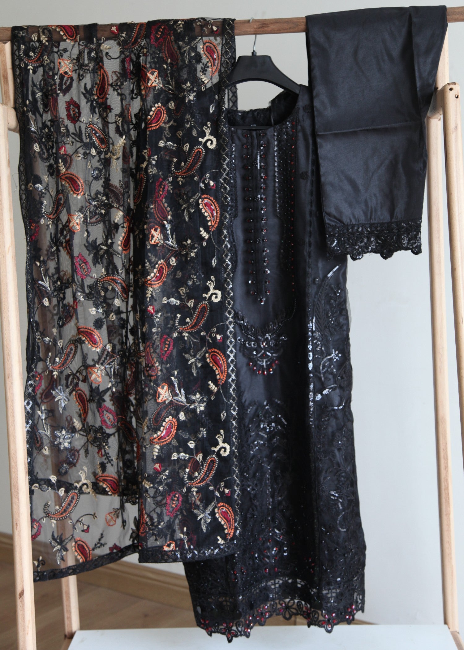 net Kurta Set in Black