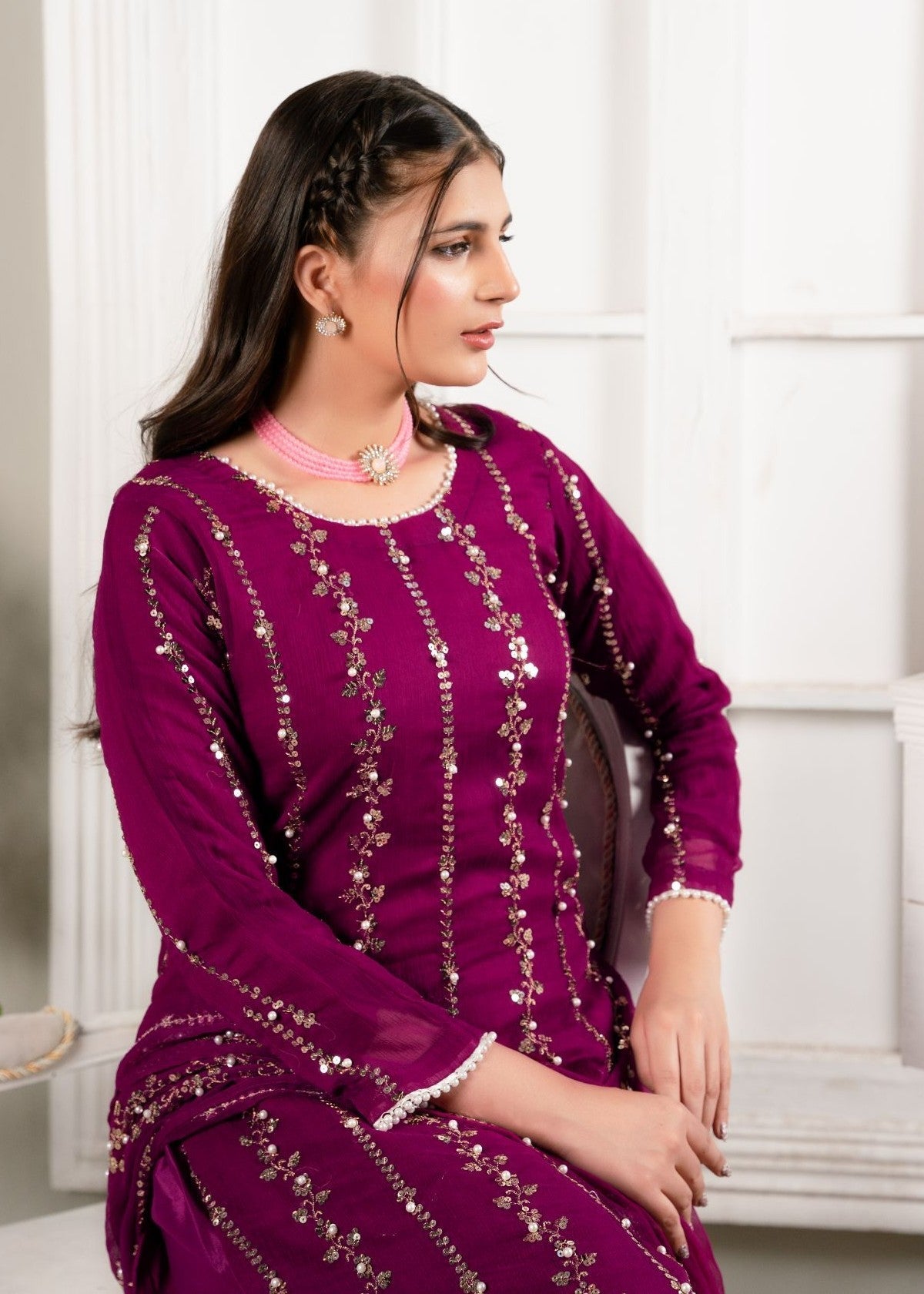crinkle Kurta Set in Magenta
