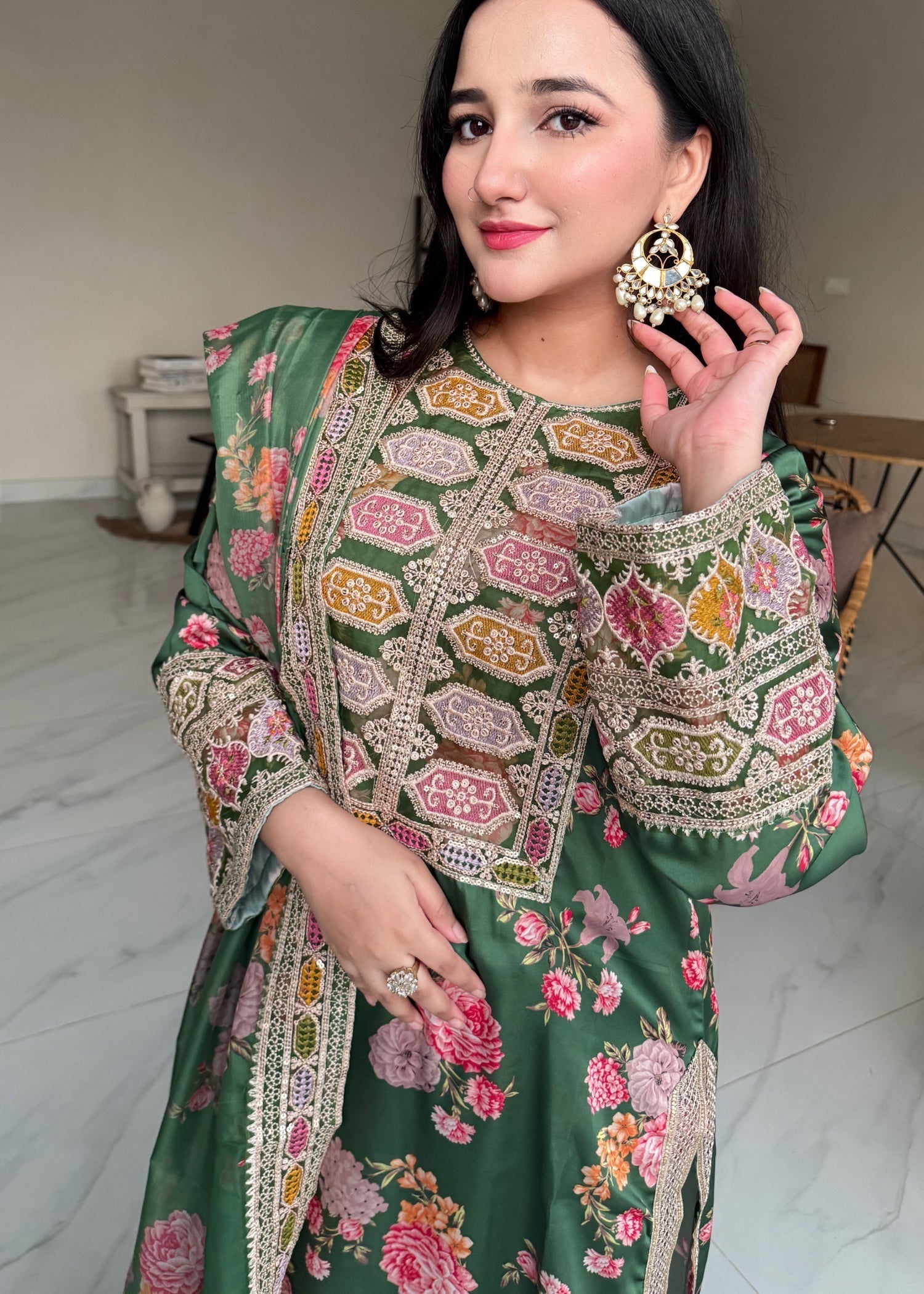 silk Kurta Set in Fern green