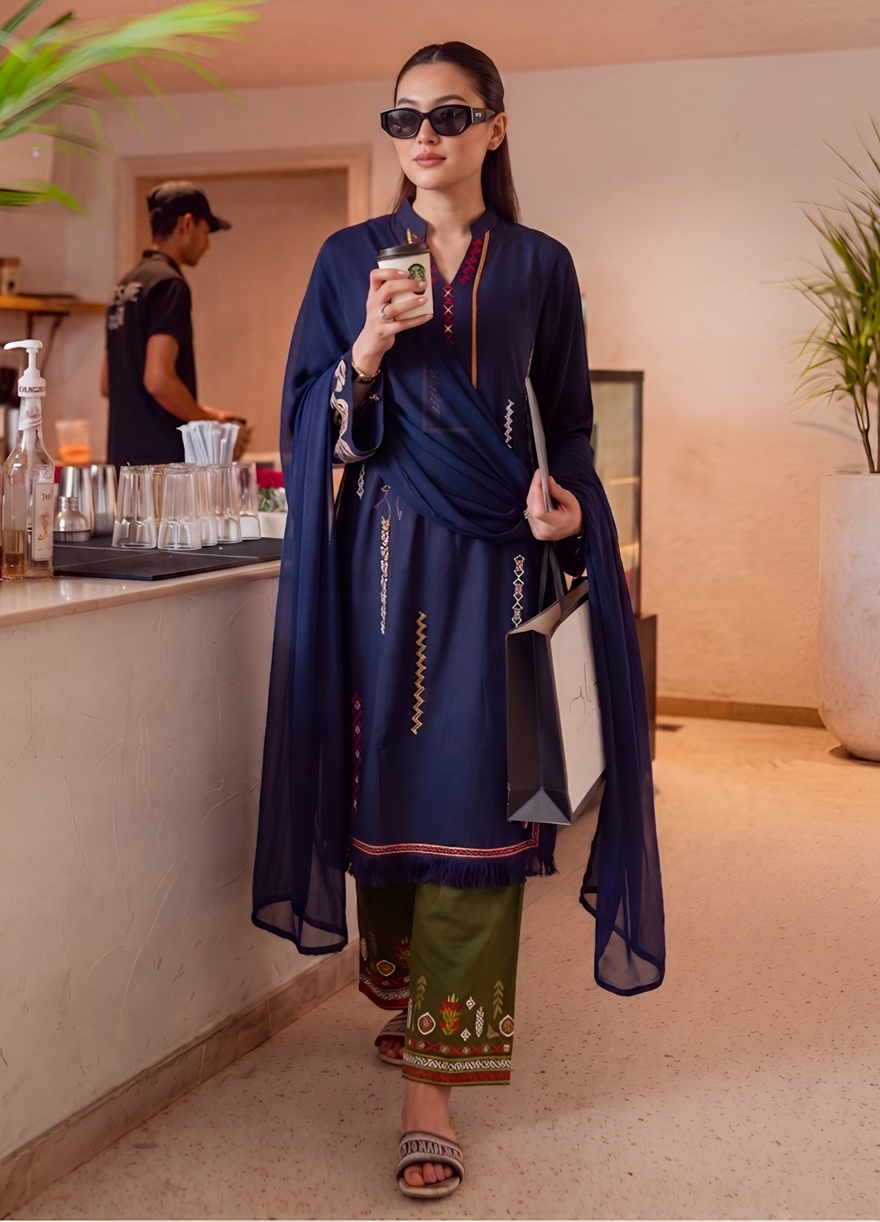 linen Kurta Set in Olive green, navy blue