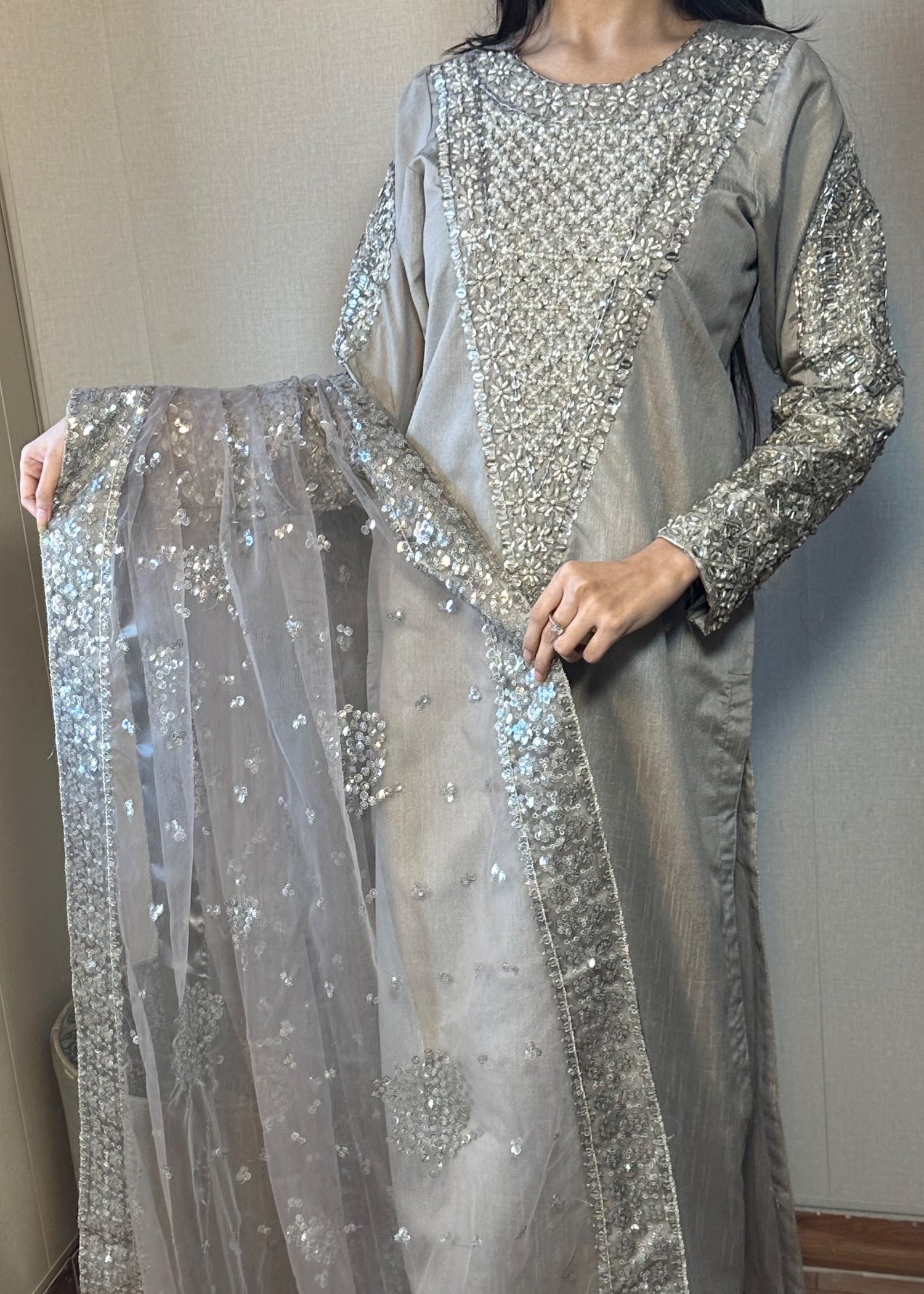 raw silk Kurta Set in Steal grey