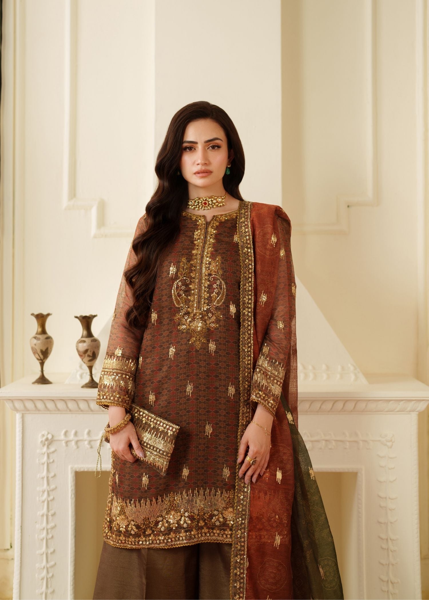 net Kurta Set in Brown