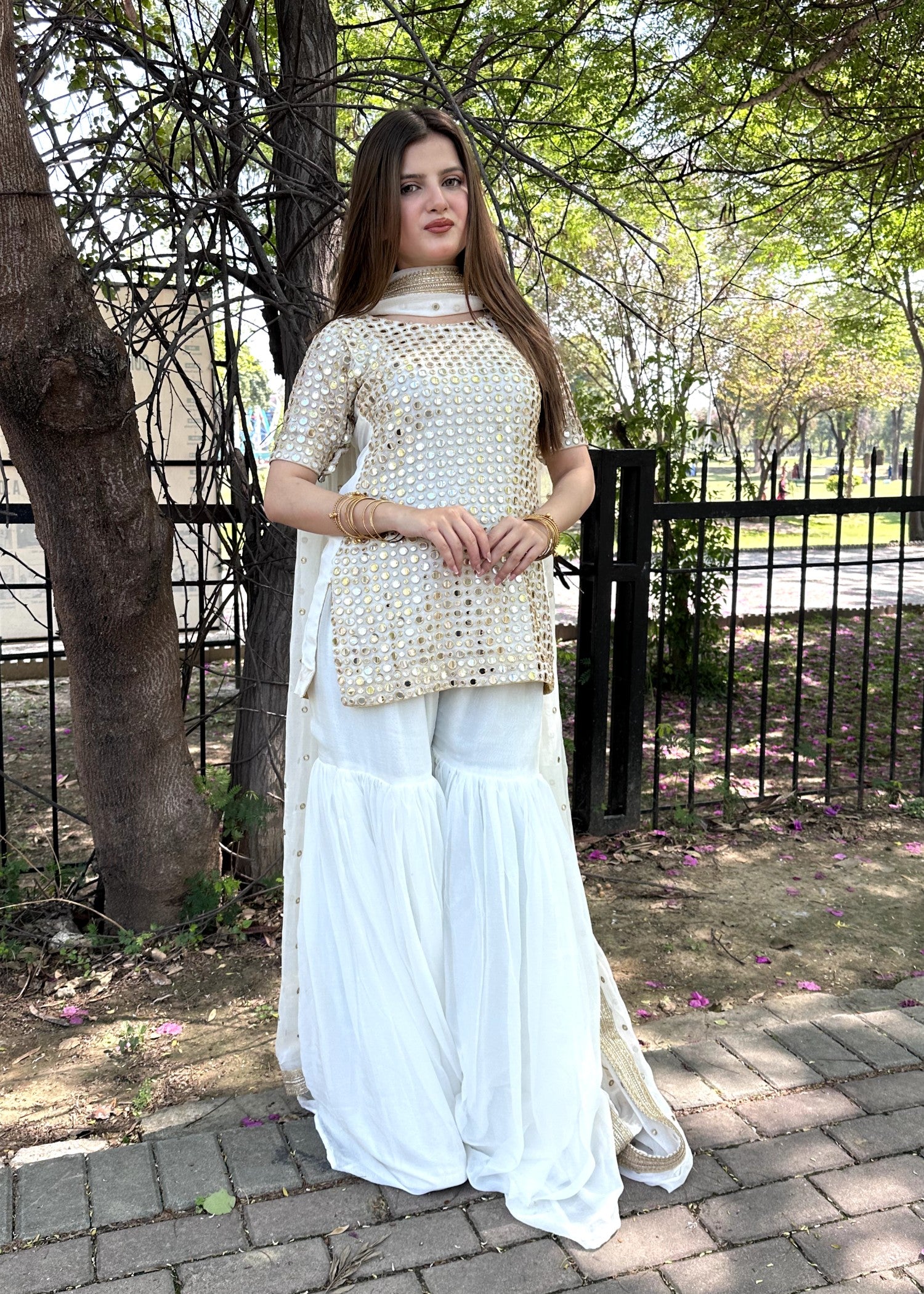 bemberg crinkle chiffon Gharara in White
