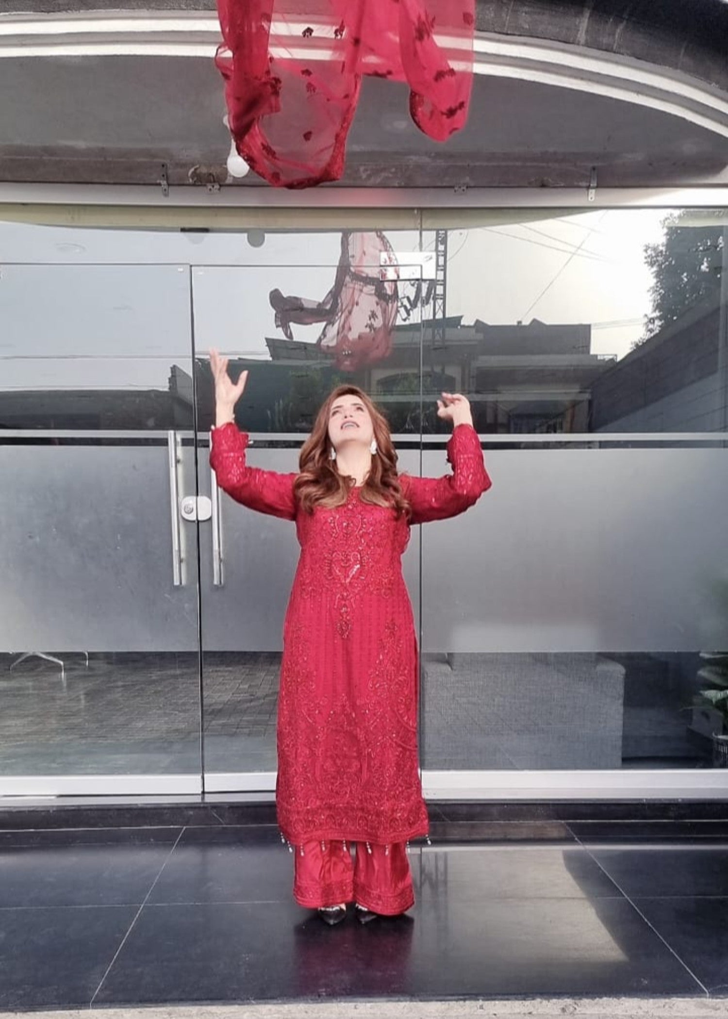net Kurta Set in Blood red