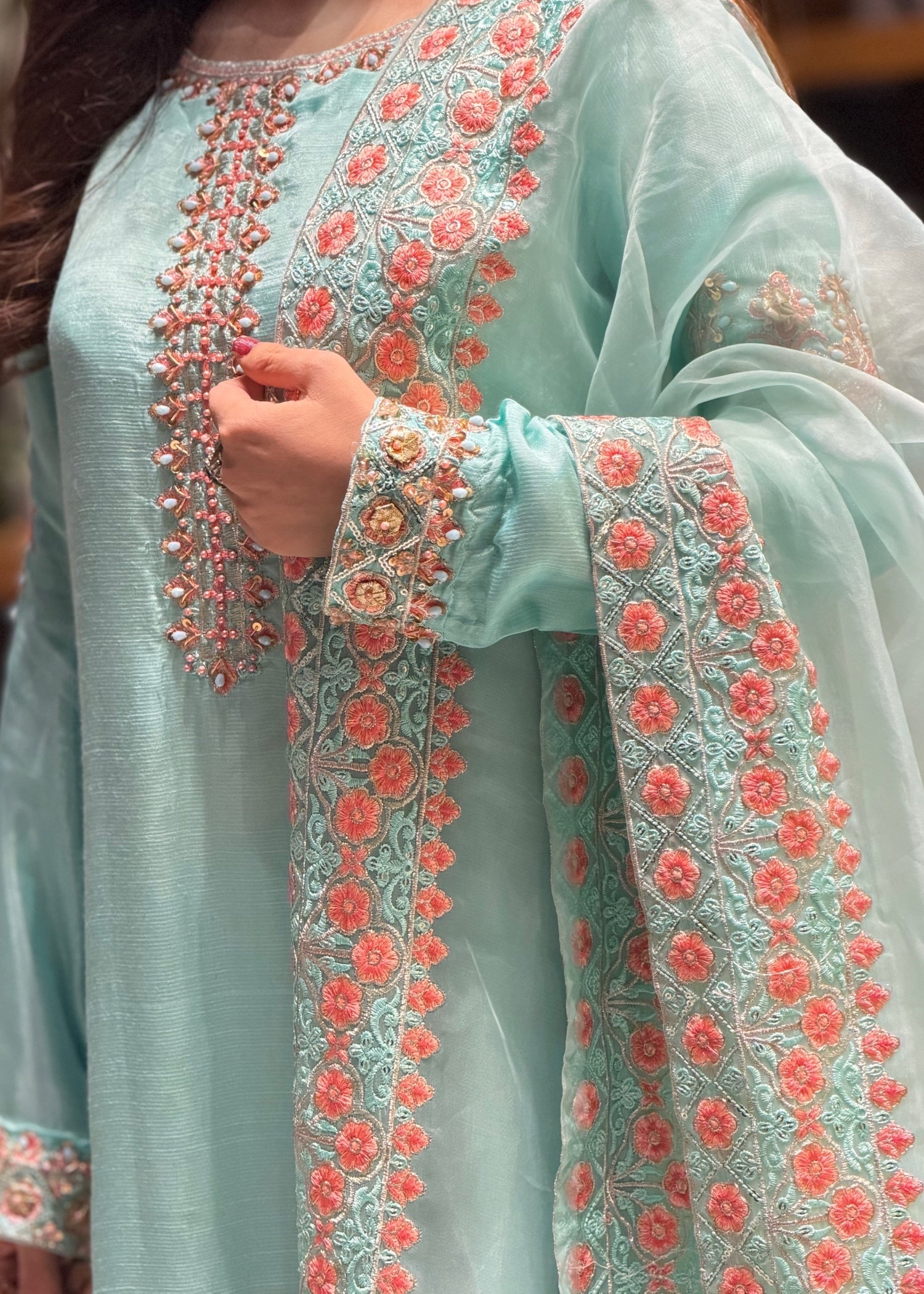 silk Kurta Set in Turquoise