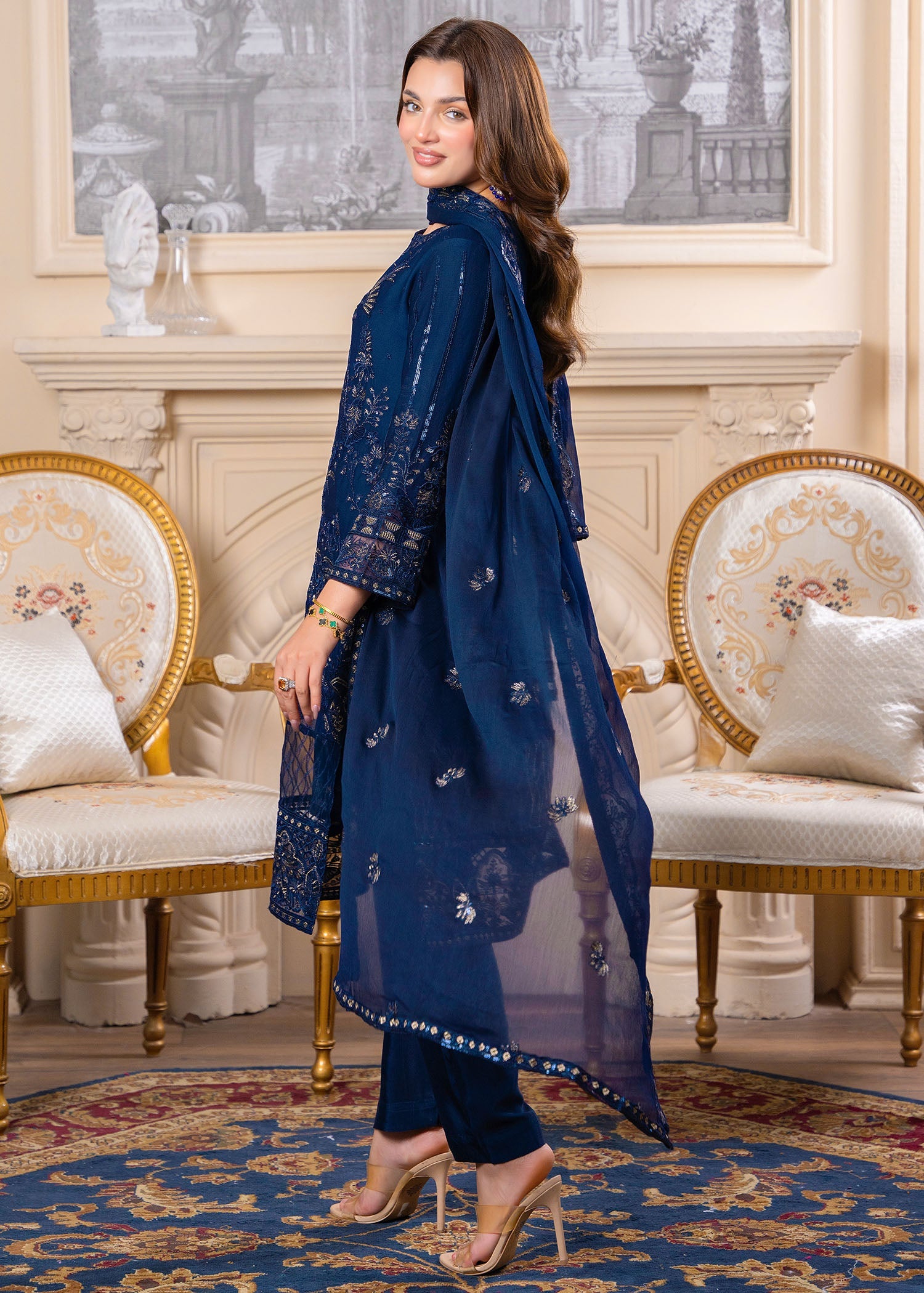 crinkle Kurta Set in Navy blue