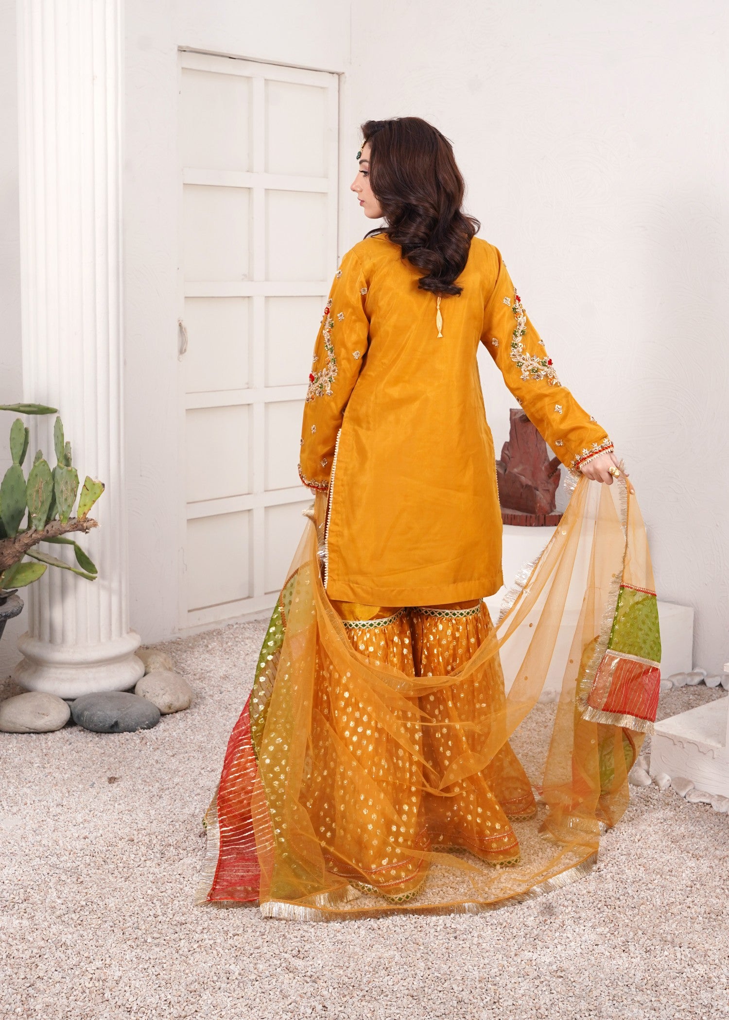 organza Gharara in Mustard