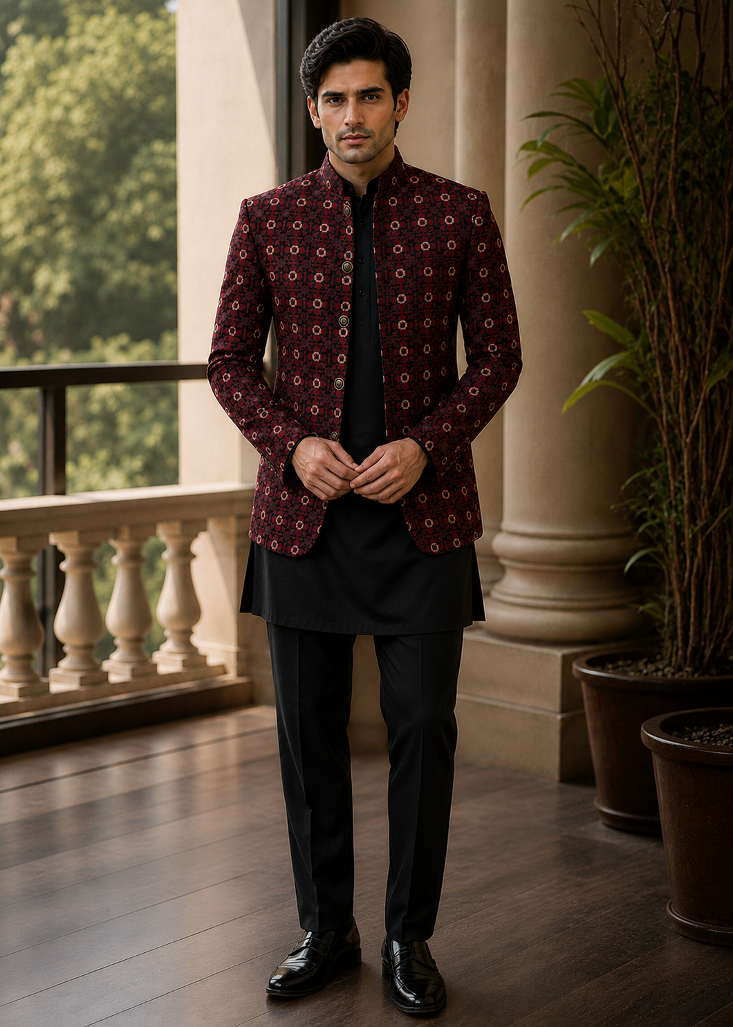 silk Prince Coat in Maroon, black