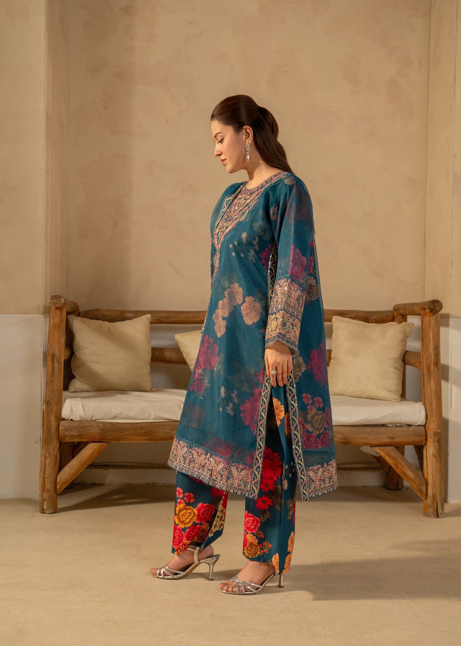 organza Kurta Set in Pine green