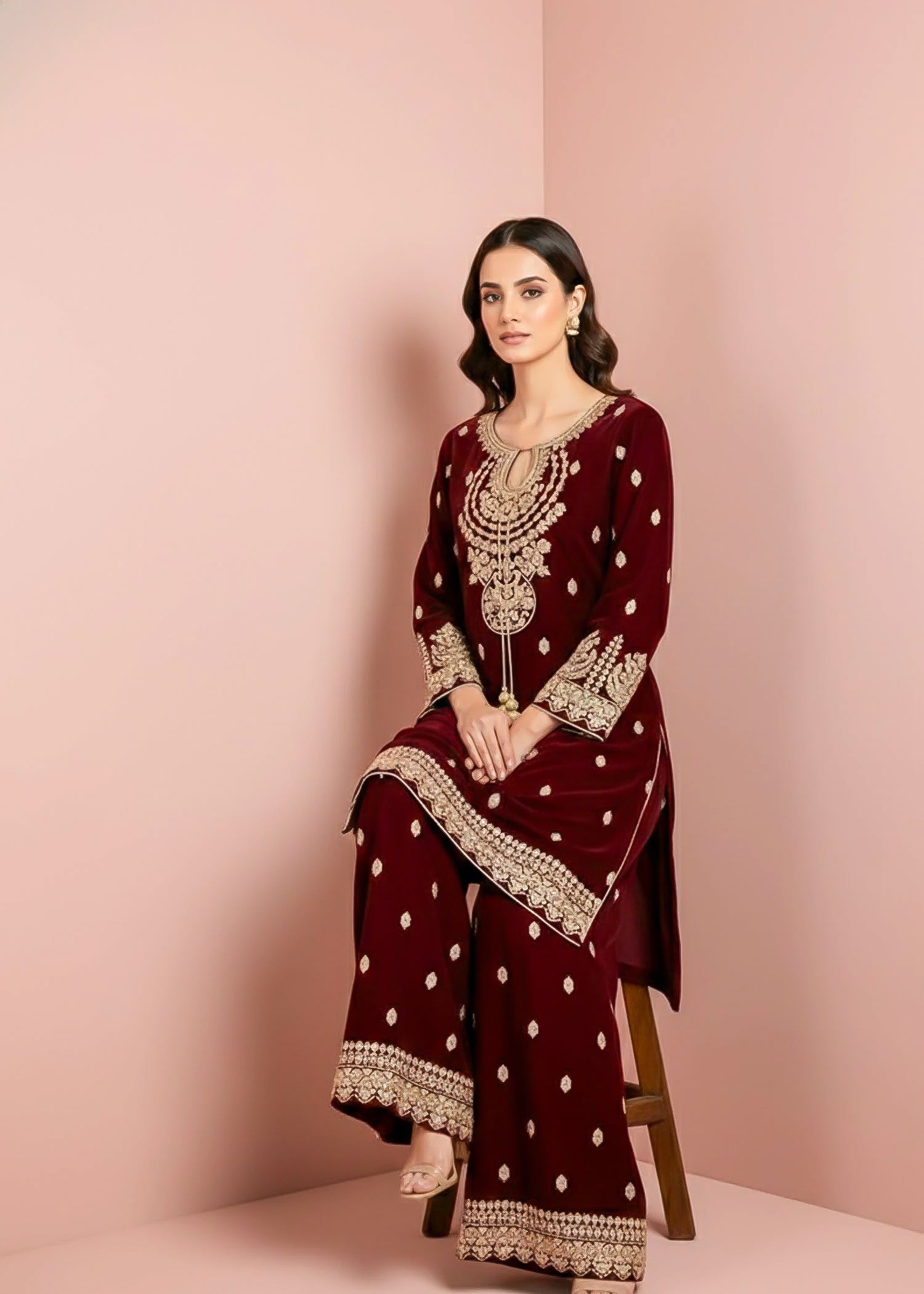 chinese micro velvet 9000 Kurta Set in Maroon