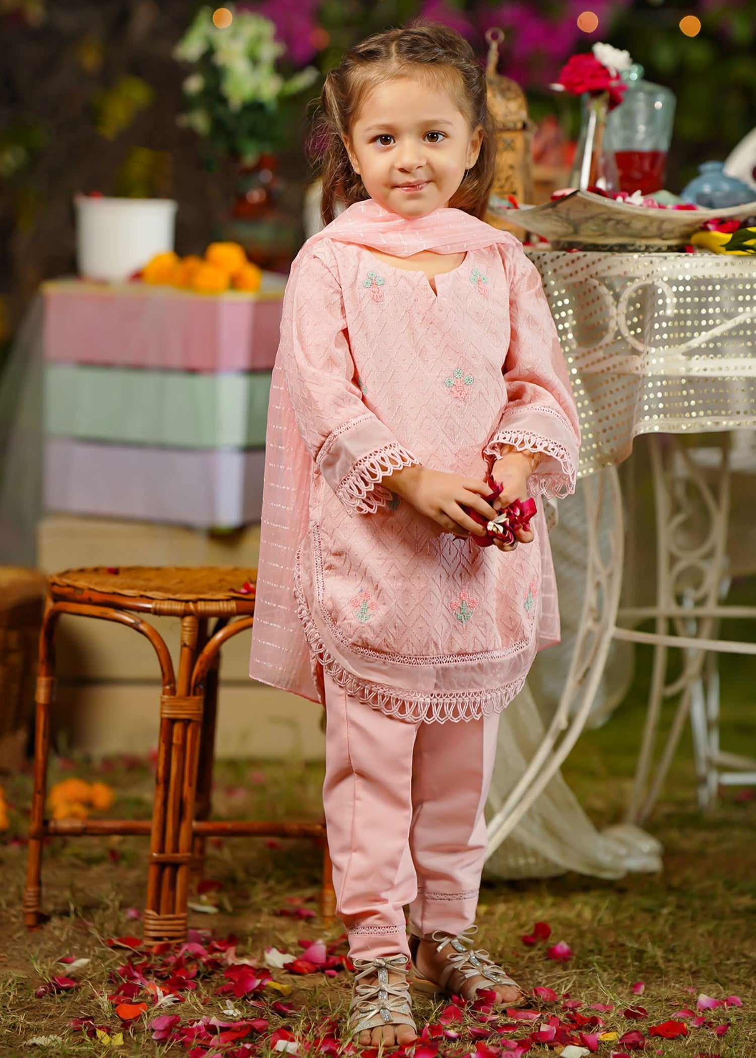 chikankari cotton Kurta Set in Tea rose pink