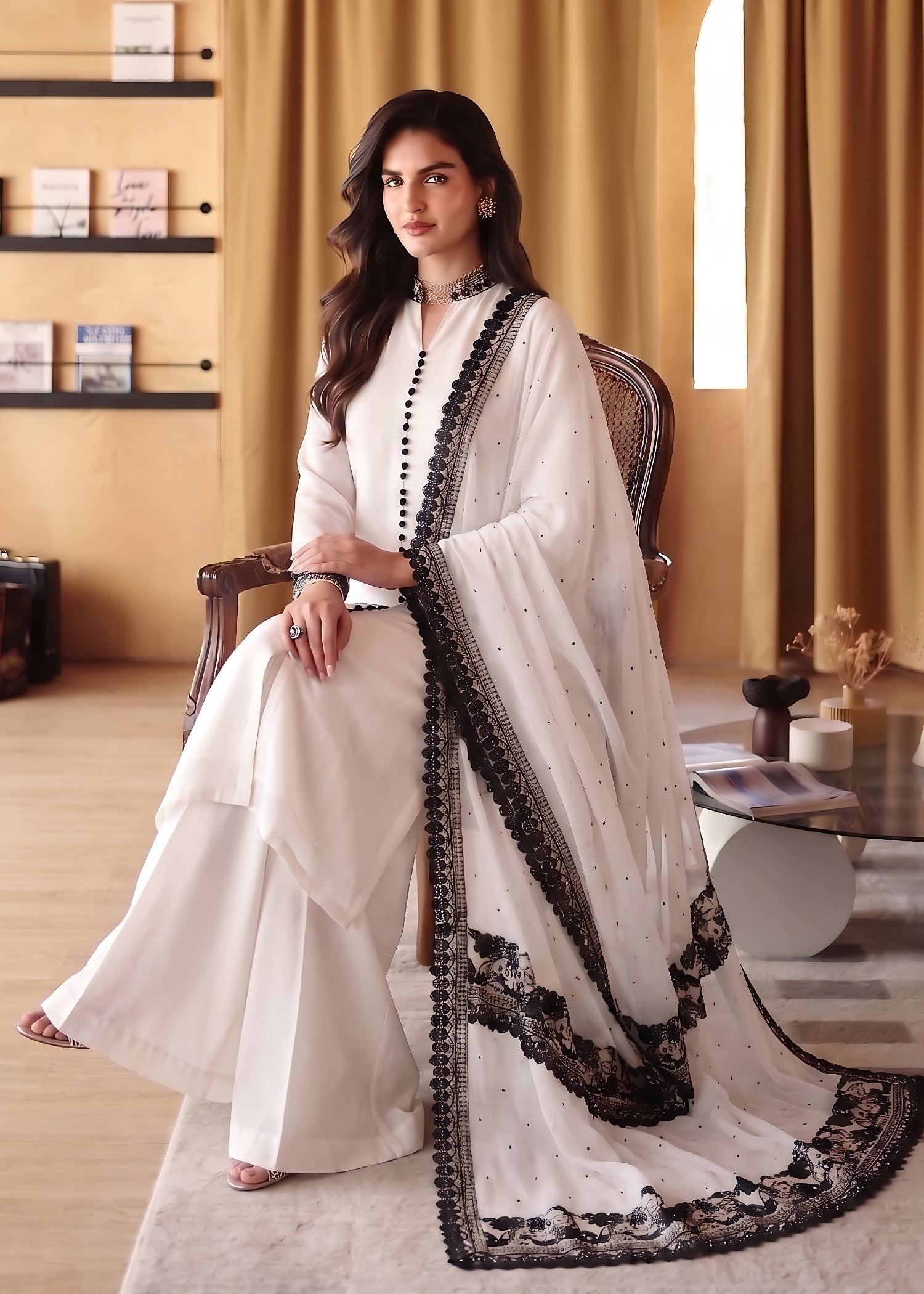 bemberg crinkle chiffon Sharara in Off-white